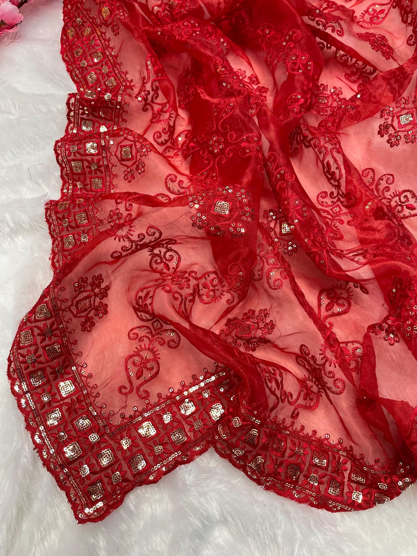 Red Soft Organza Silk With Embroidery Jhal work Saree
