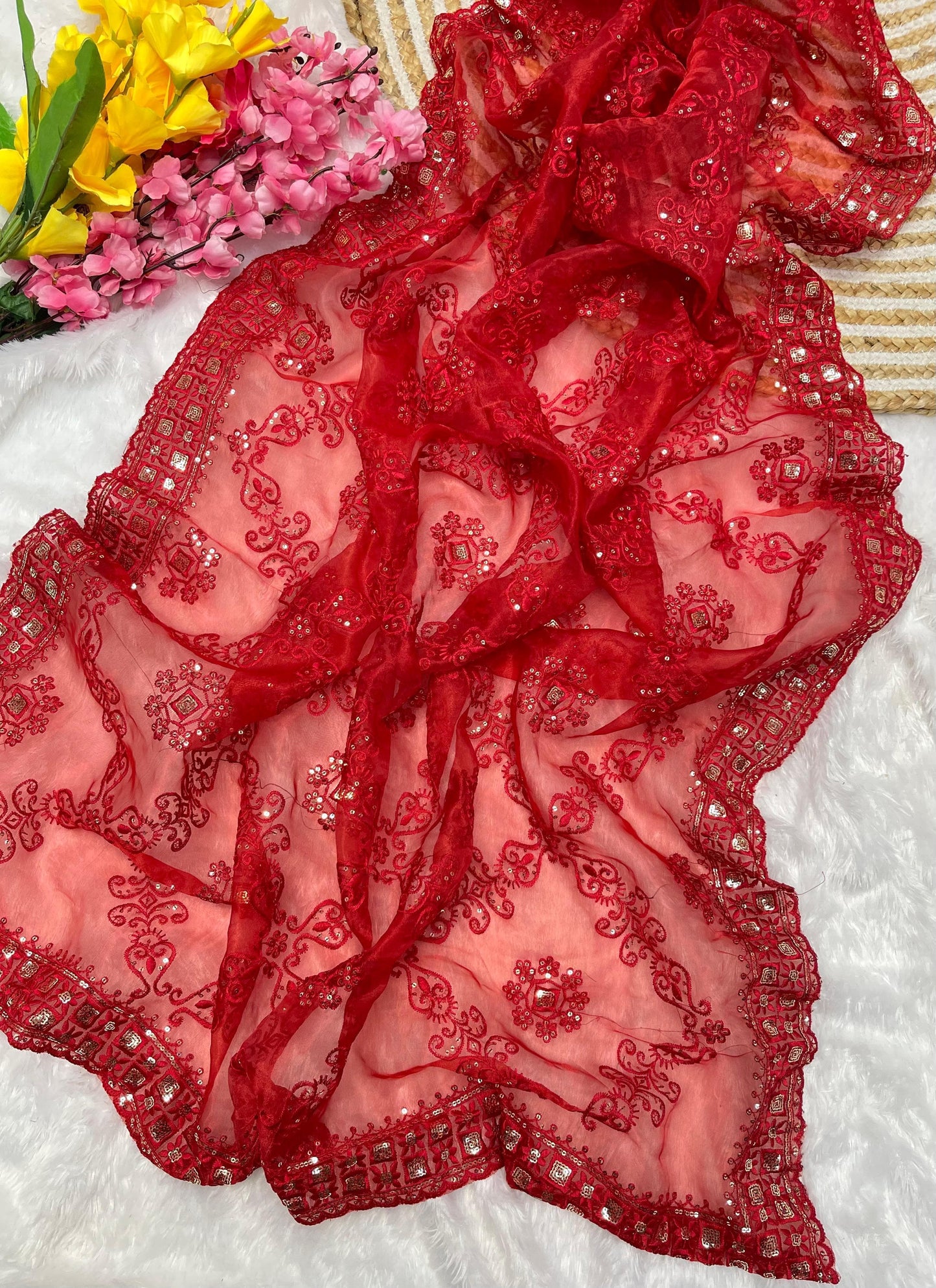 Red Soft Organza Silk With Embroidery Jhal work Saree