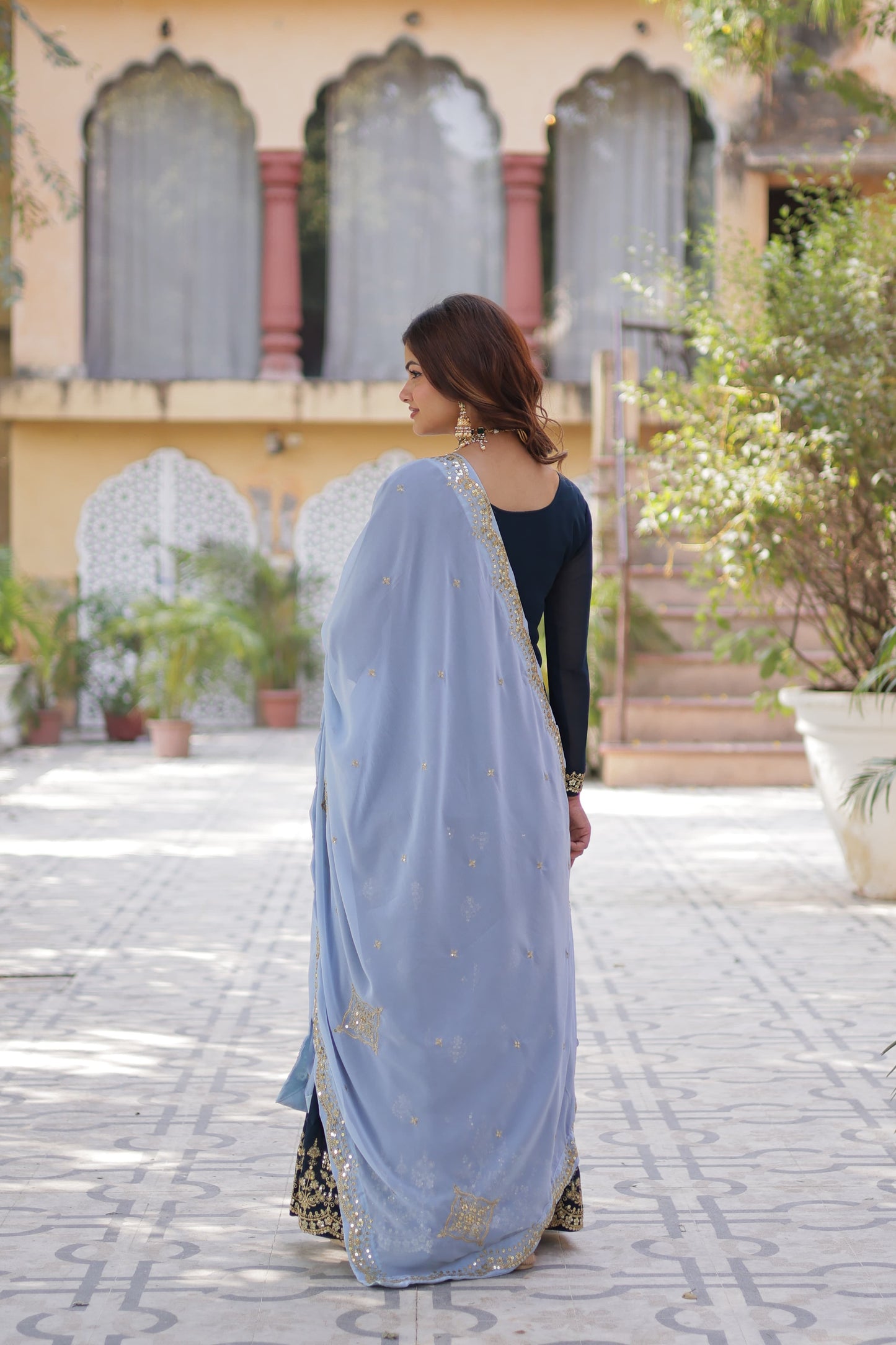 Navy Blue Faux Blooming With Embroidered Kurta Plazzo Set