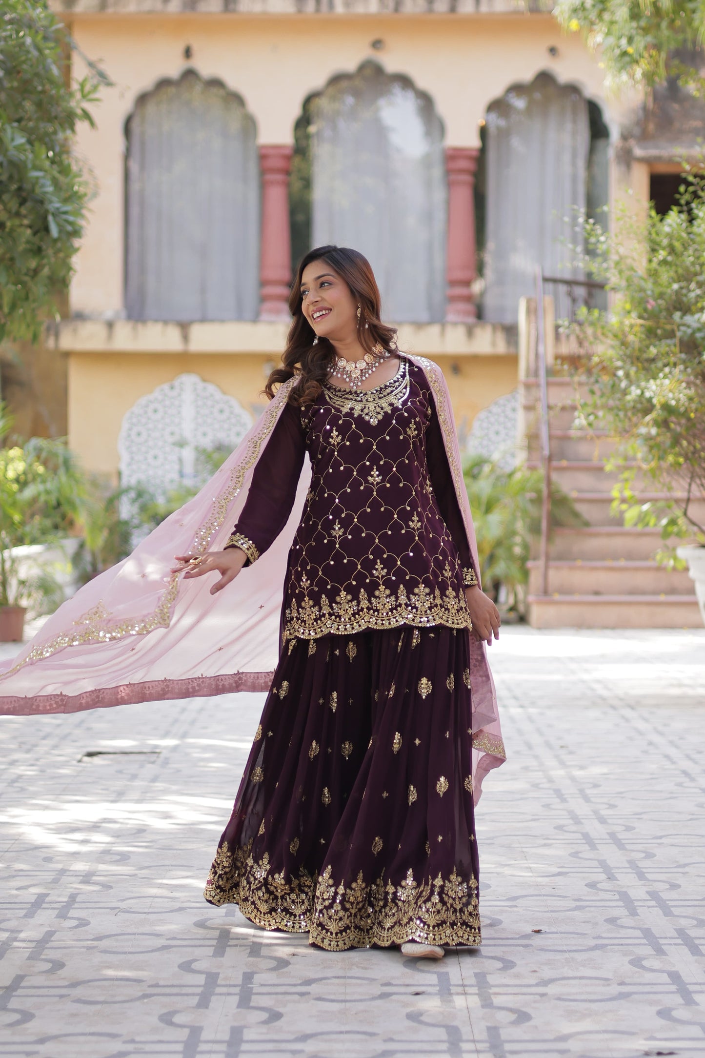 Navy Blue Faux Blooming With Embroidered Kurta Plazzo Set