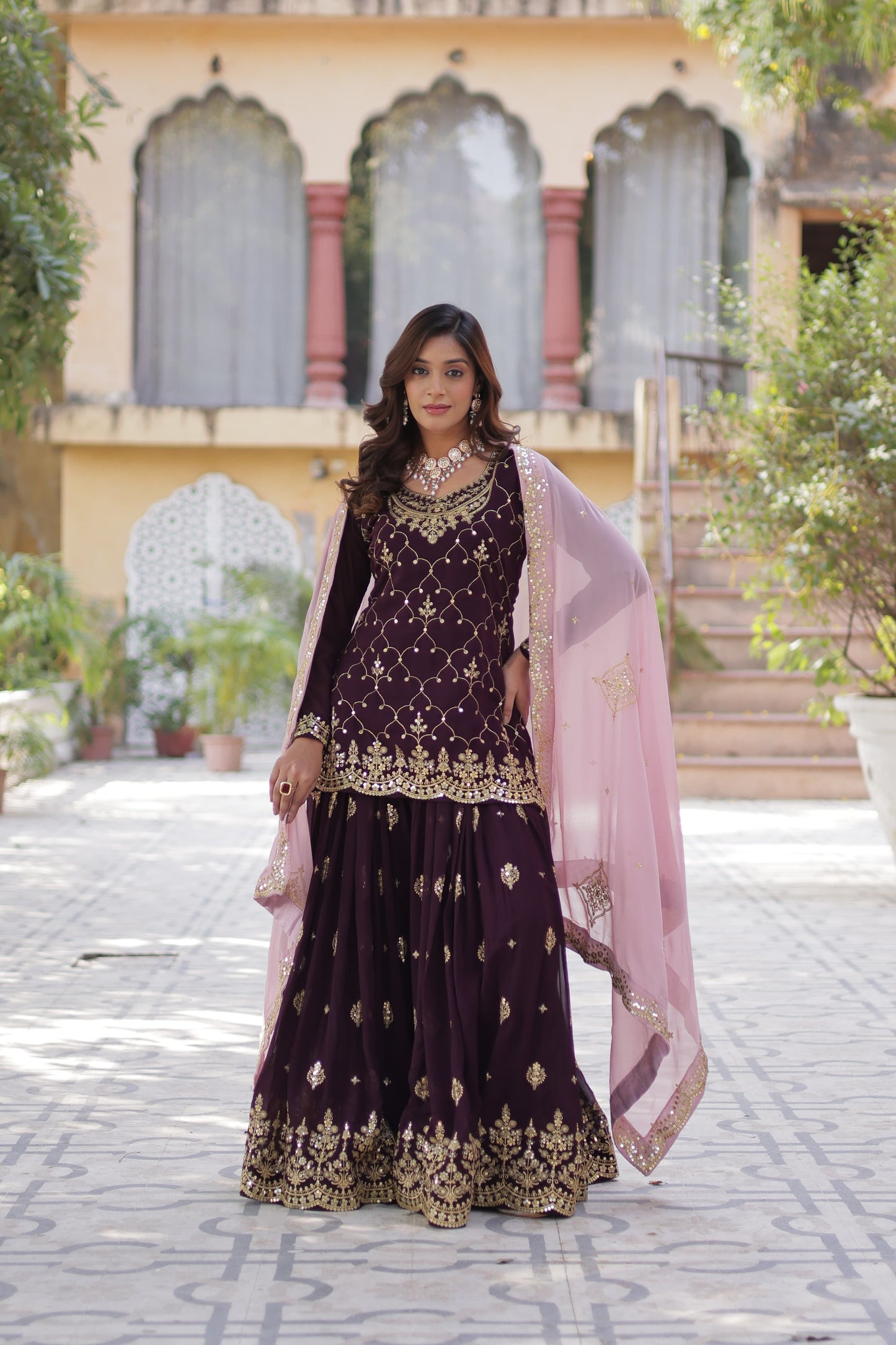 Navy Blue Faux Blooming With Embroidered Kurta Plazzo Set