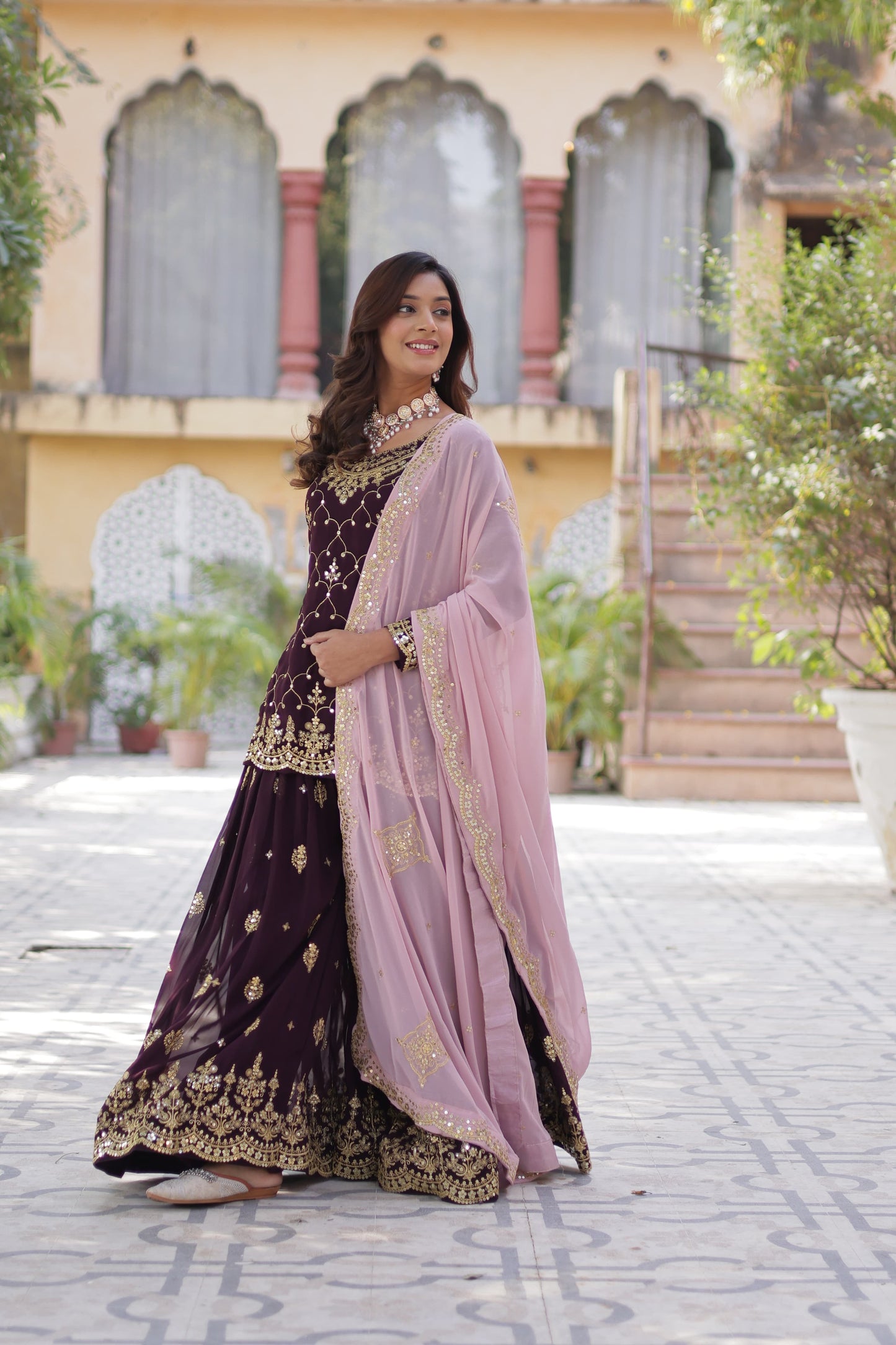 Navy Blue Faux Blooming With Embroidered Kurta Plazzo Set