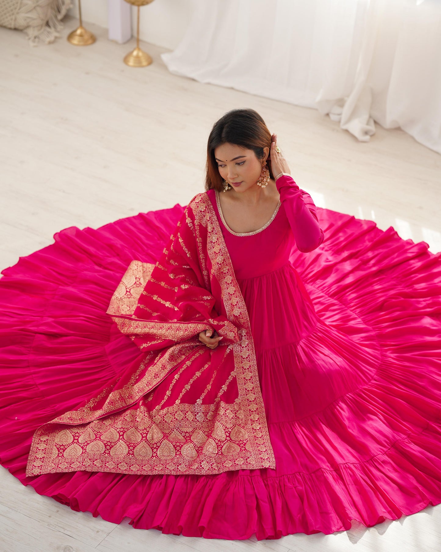 Pink Heavy Romansilk Chanderi With Yoke Lace 3pc Kurta Set