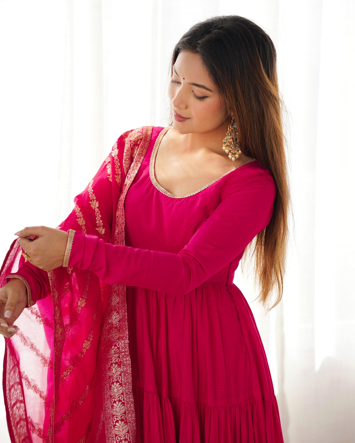Pink Heavy Romansilk Chanderi With Yoke Lace 3pc Kurta Set