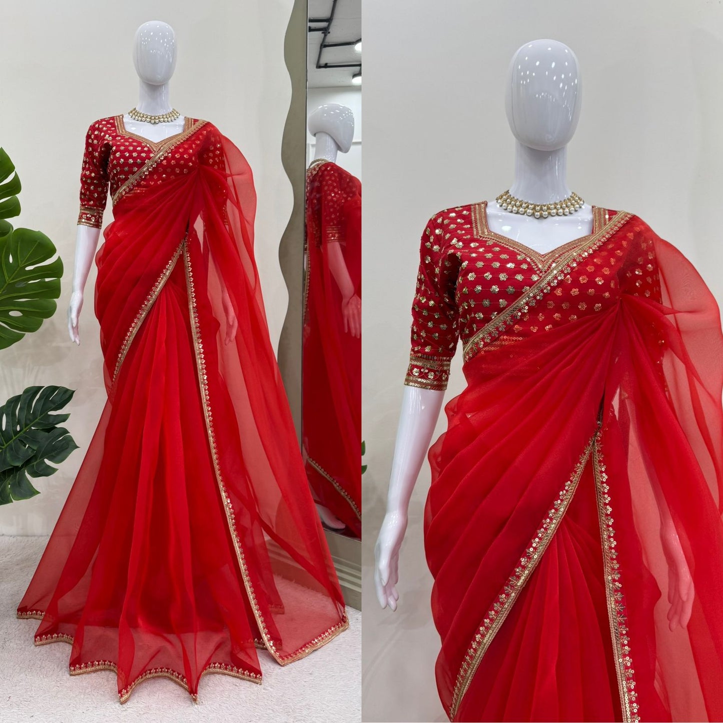 Red Heavy Organza Silk With Thread Sequins Work Saree