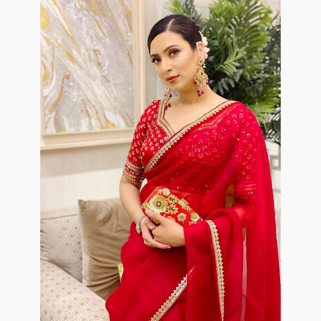 Red Heavy Organza Silk With Thread Sequins Work Saree