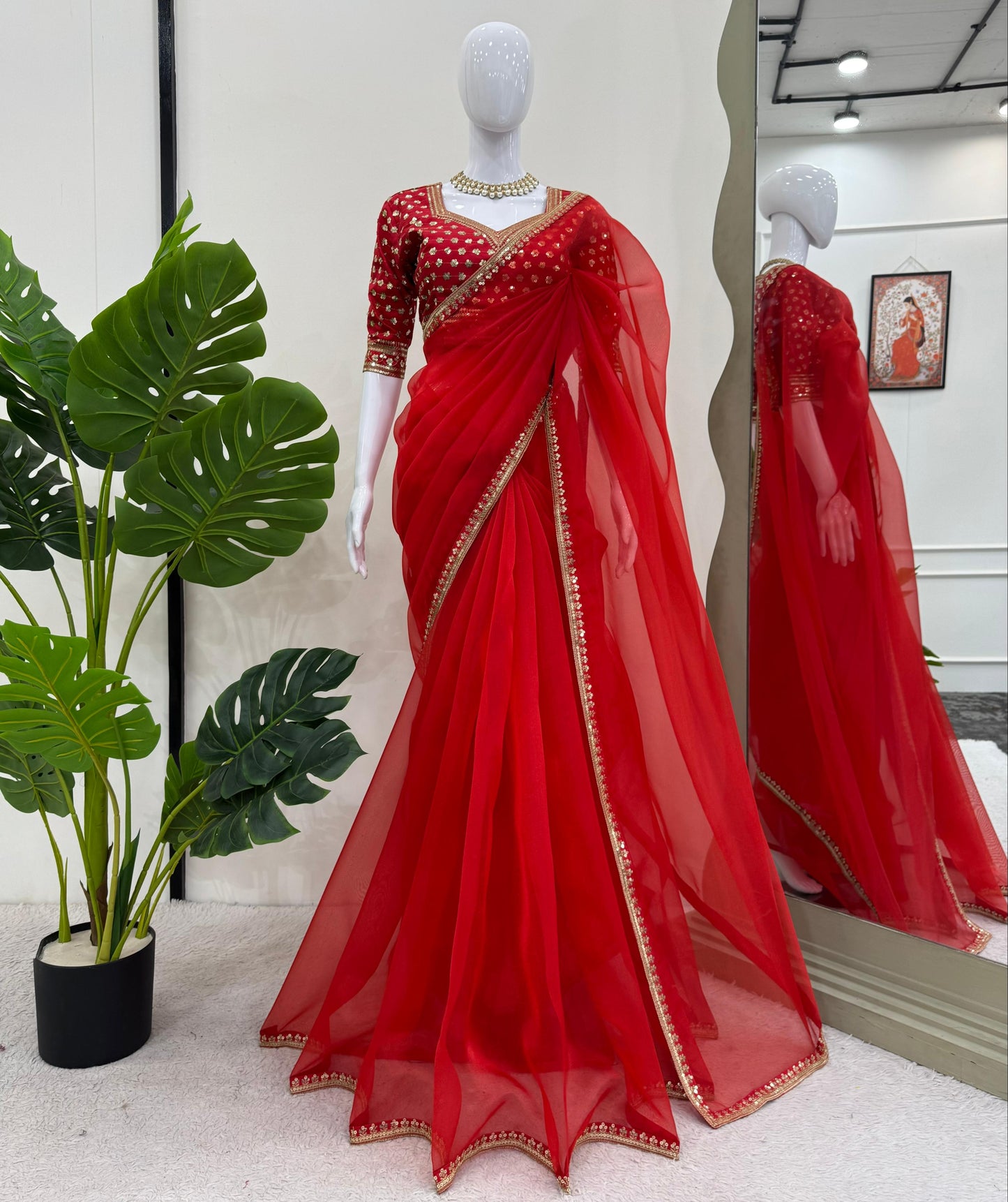 Red Heavy Organza Silk With Thread Sequins Work Saree