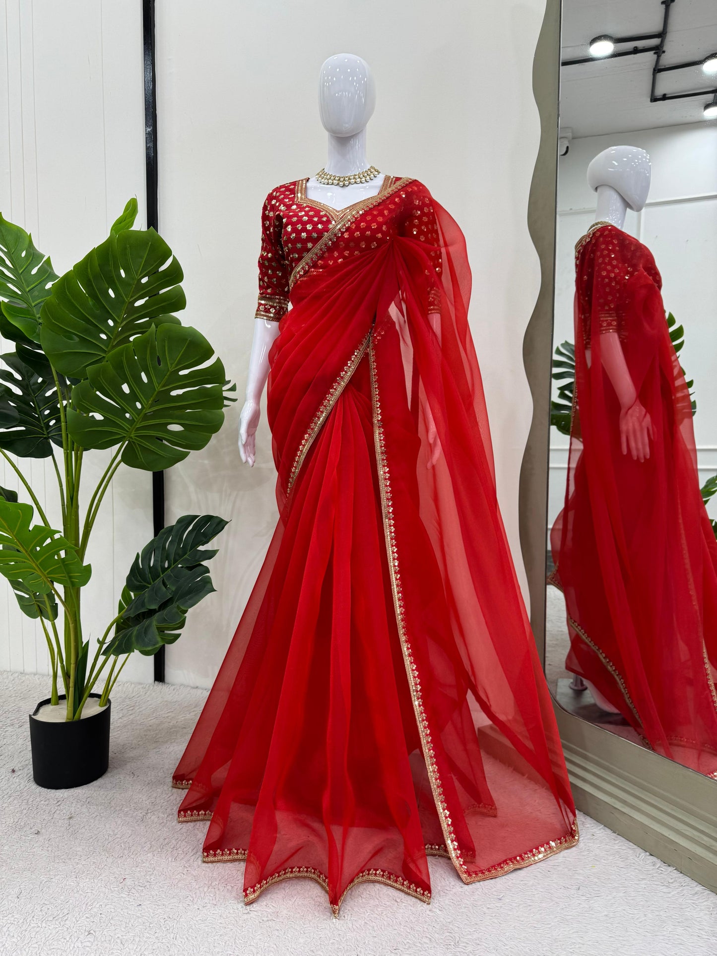 Red Heavy Organza Silk With Thread Sequins Work Saree