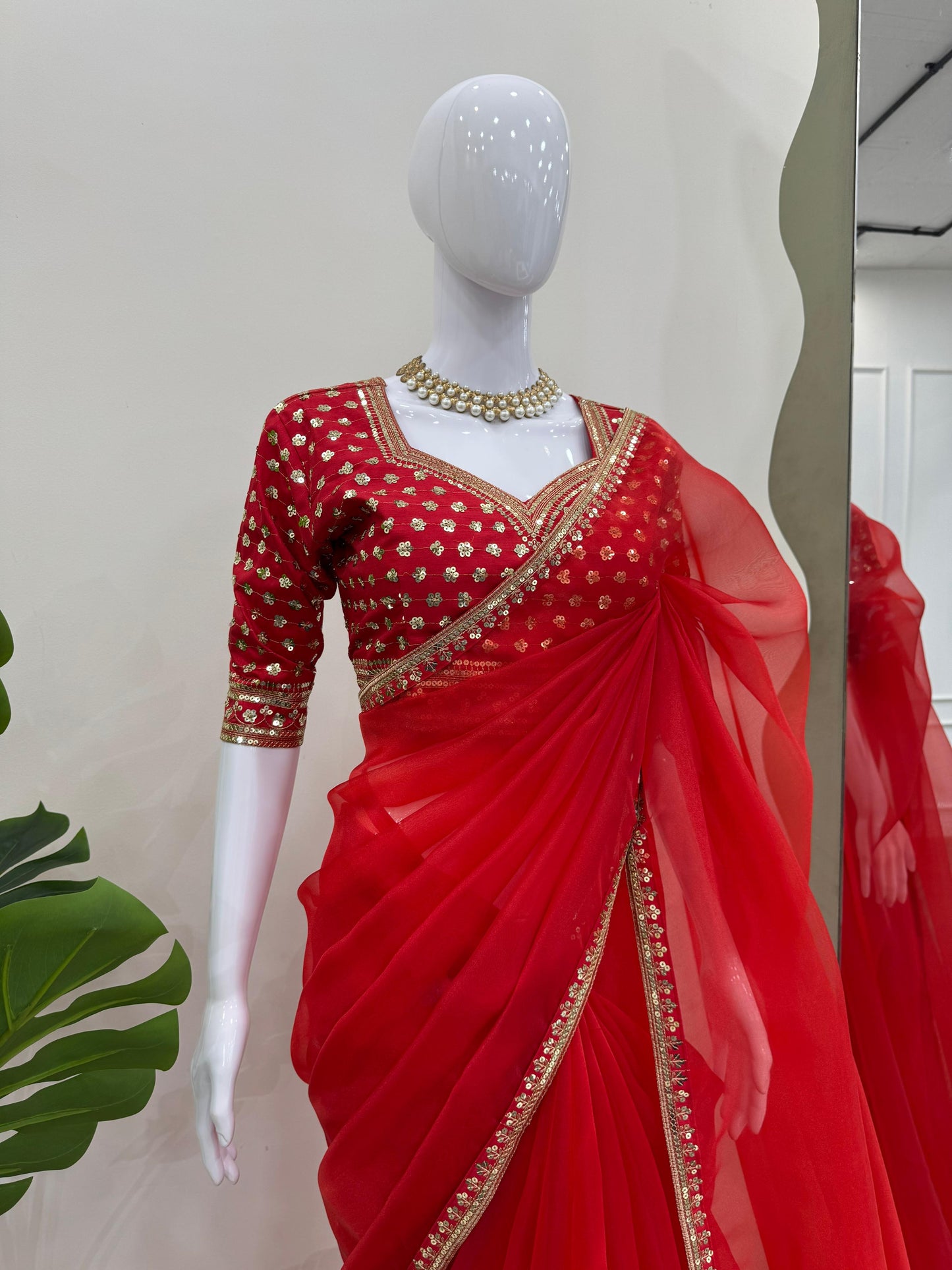 Red Heavy Organza Silk With Thread Sequins Work Saree