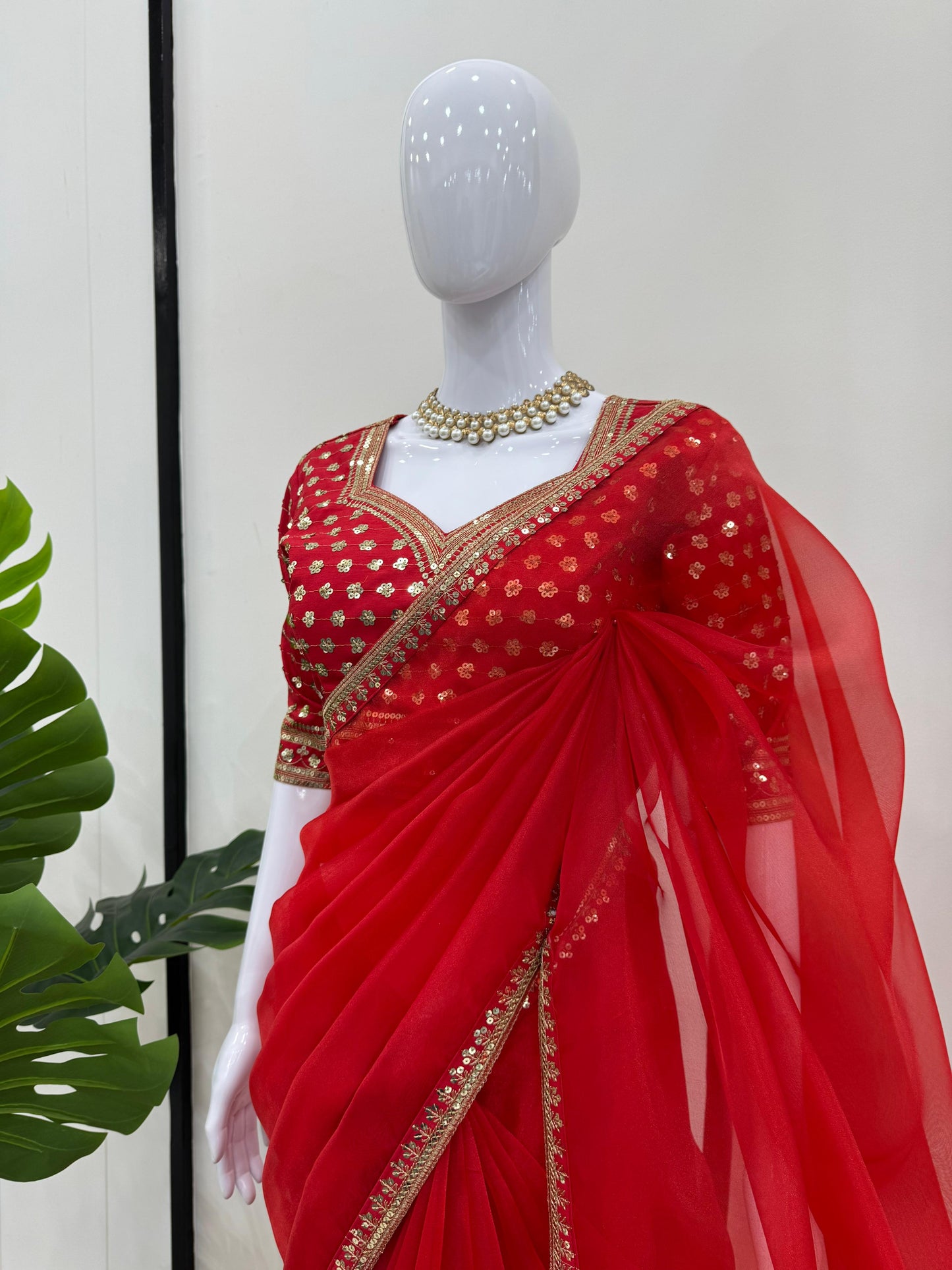 Red Heavy Organza Silk With Thread Sequins Work Saree