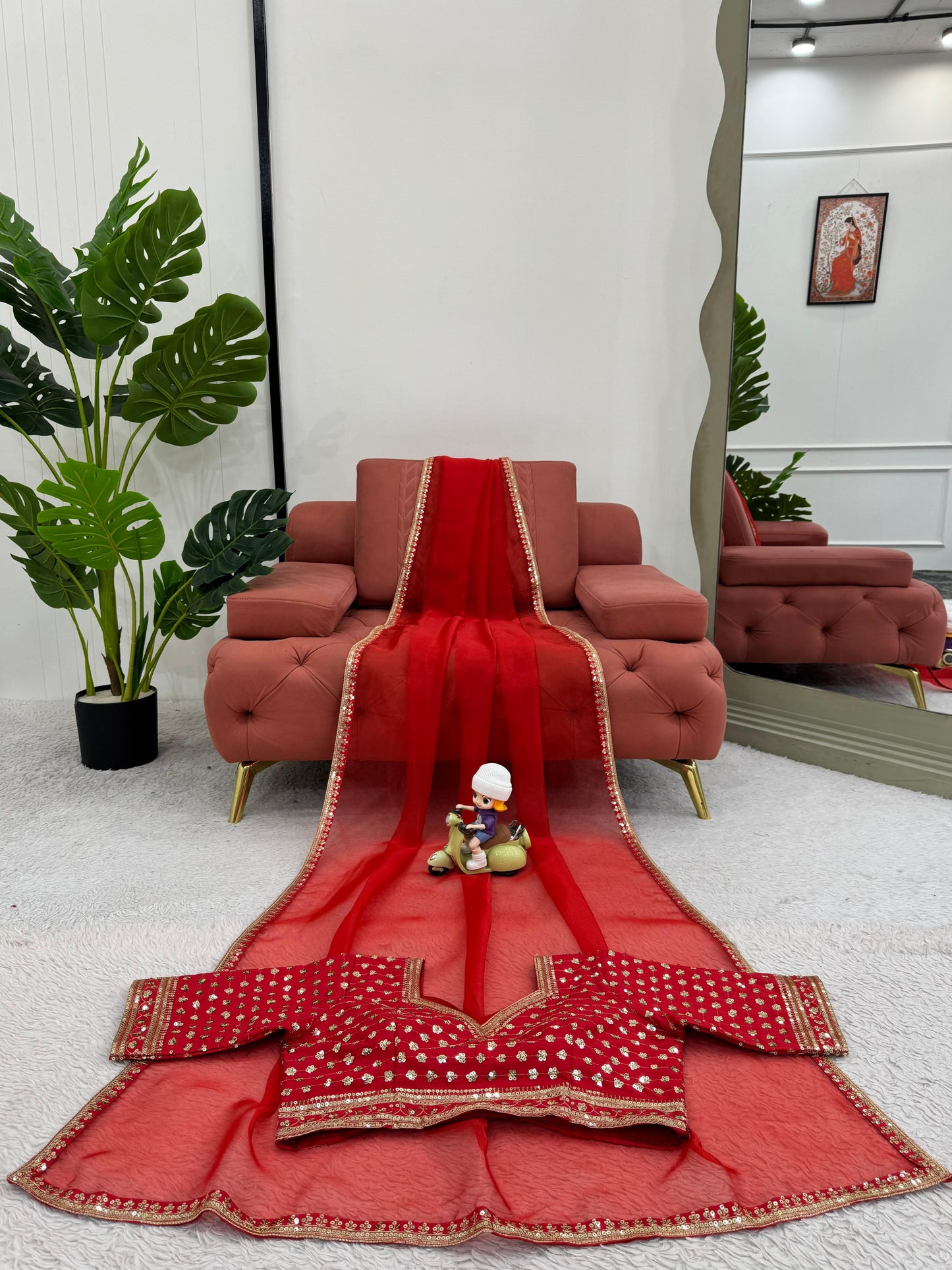 Red Heavy Organza Silk With Thread Sequins Work Saree
