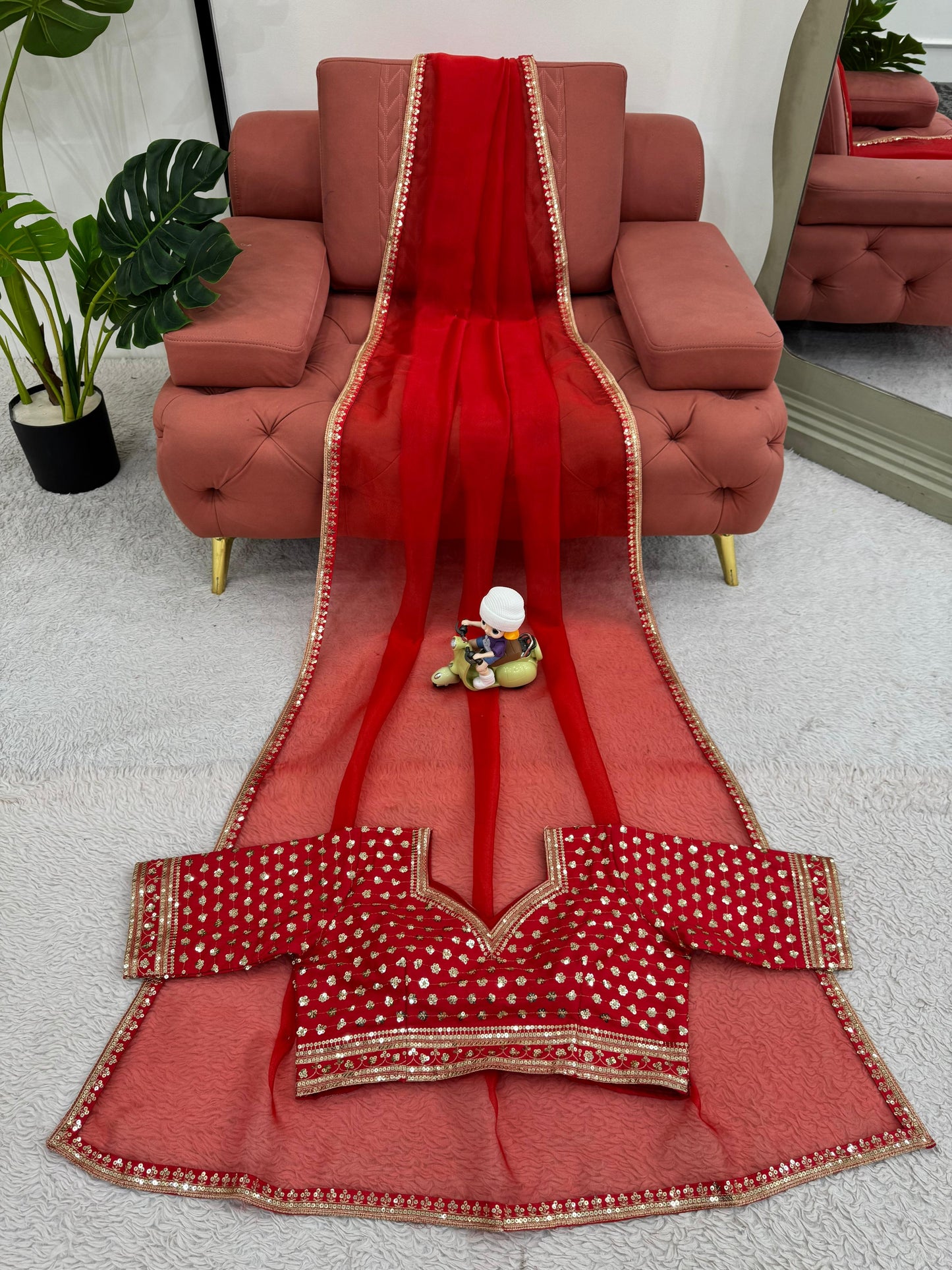 Red Heavy Organza Silk With Thread Sequins Work Saree