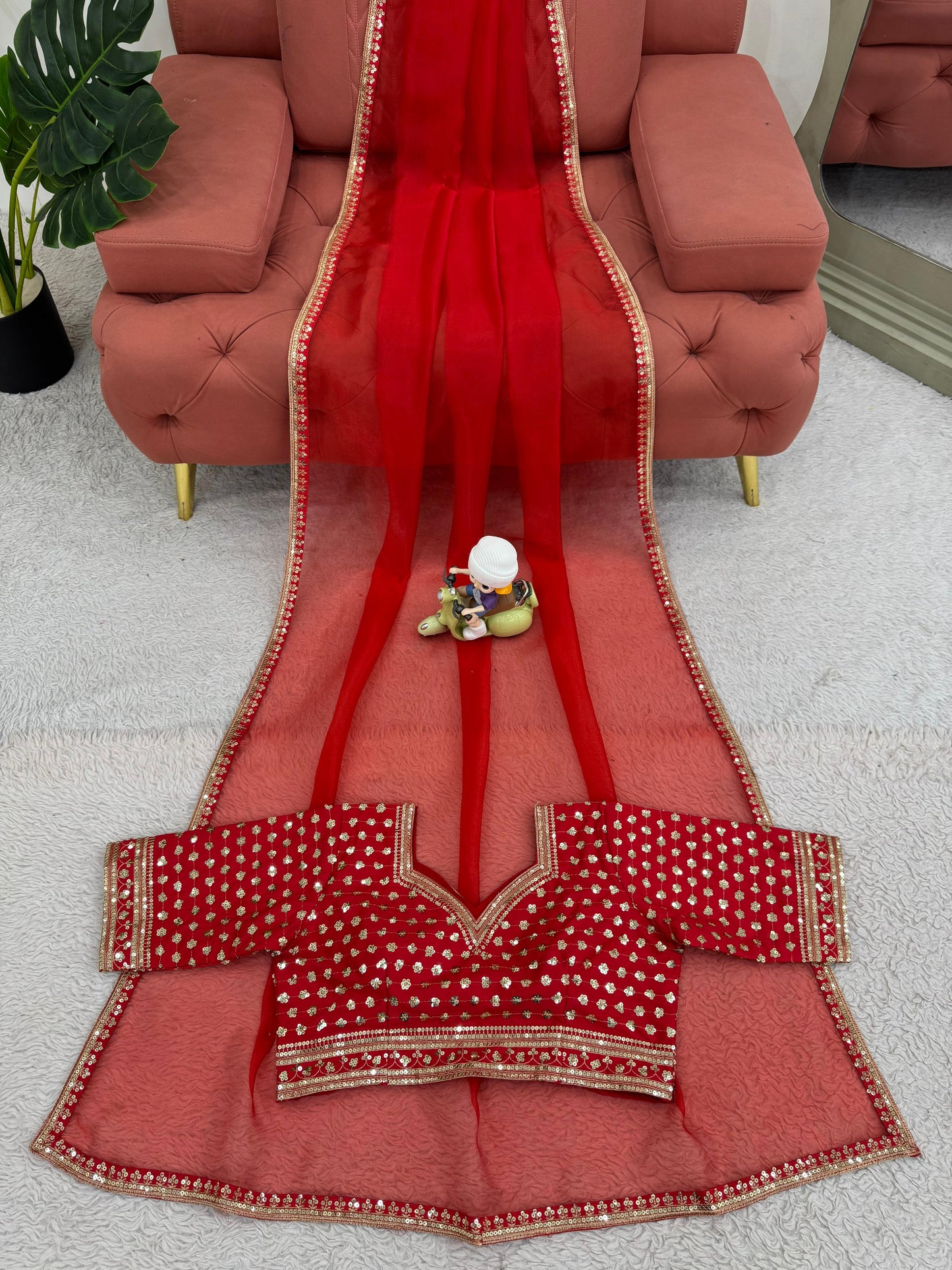 Red Heavy Organza Silk With Thread Sequins Work Saree