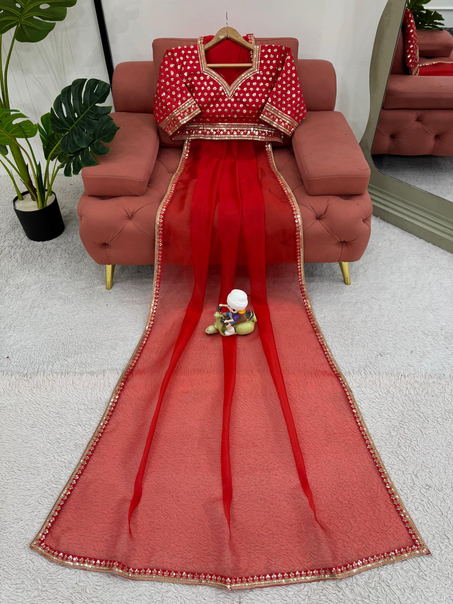 Red Heavy Organza Silk With Thread Sequins Work Saree