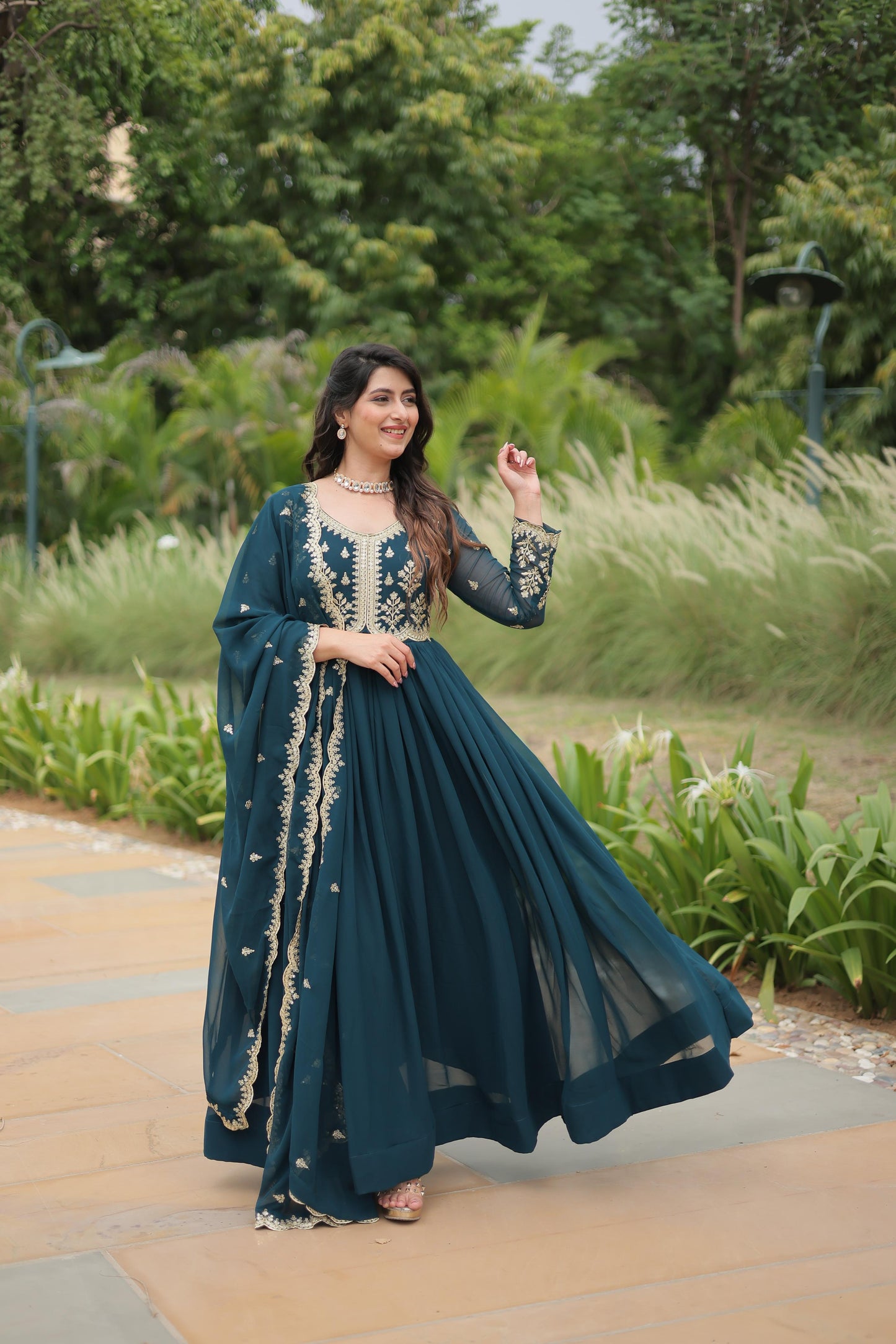 Rama Blooming Georgette Zari Embroidered Work Gown With Dupatta