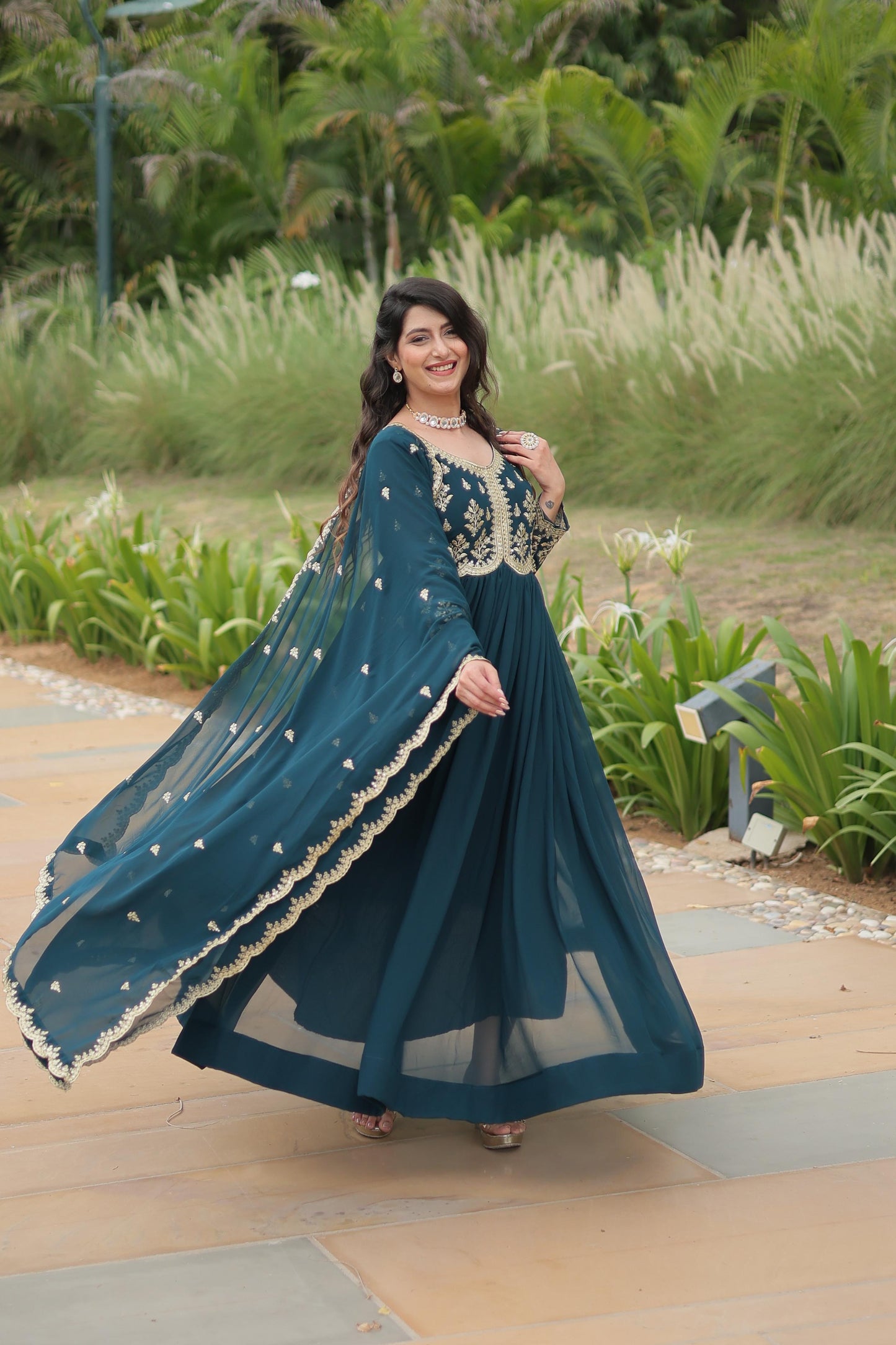 Rama Blooming Georgette Zari Embroidered Work Gown With Dupatta