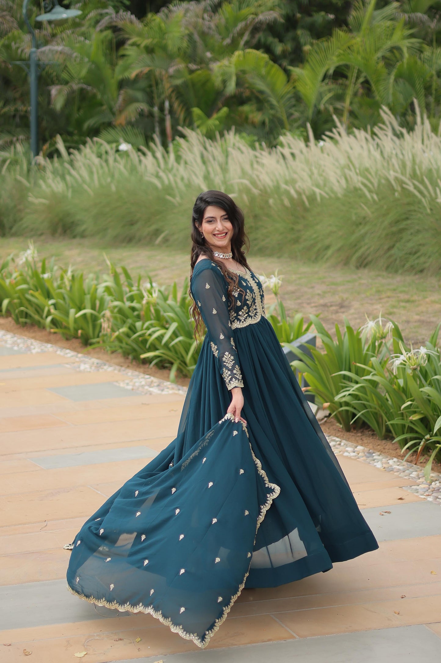 Rama Blooming Georgette Zari Embroidered Work Gown With Dupatta