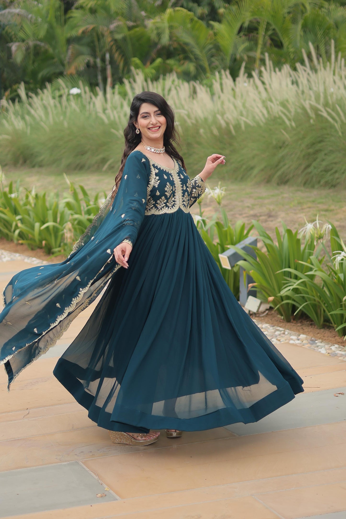Rama Blooming Georgette Zari Embroidered Work Gown With Dupatta