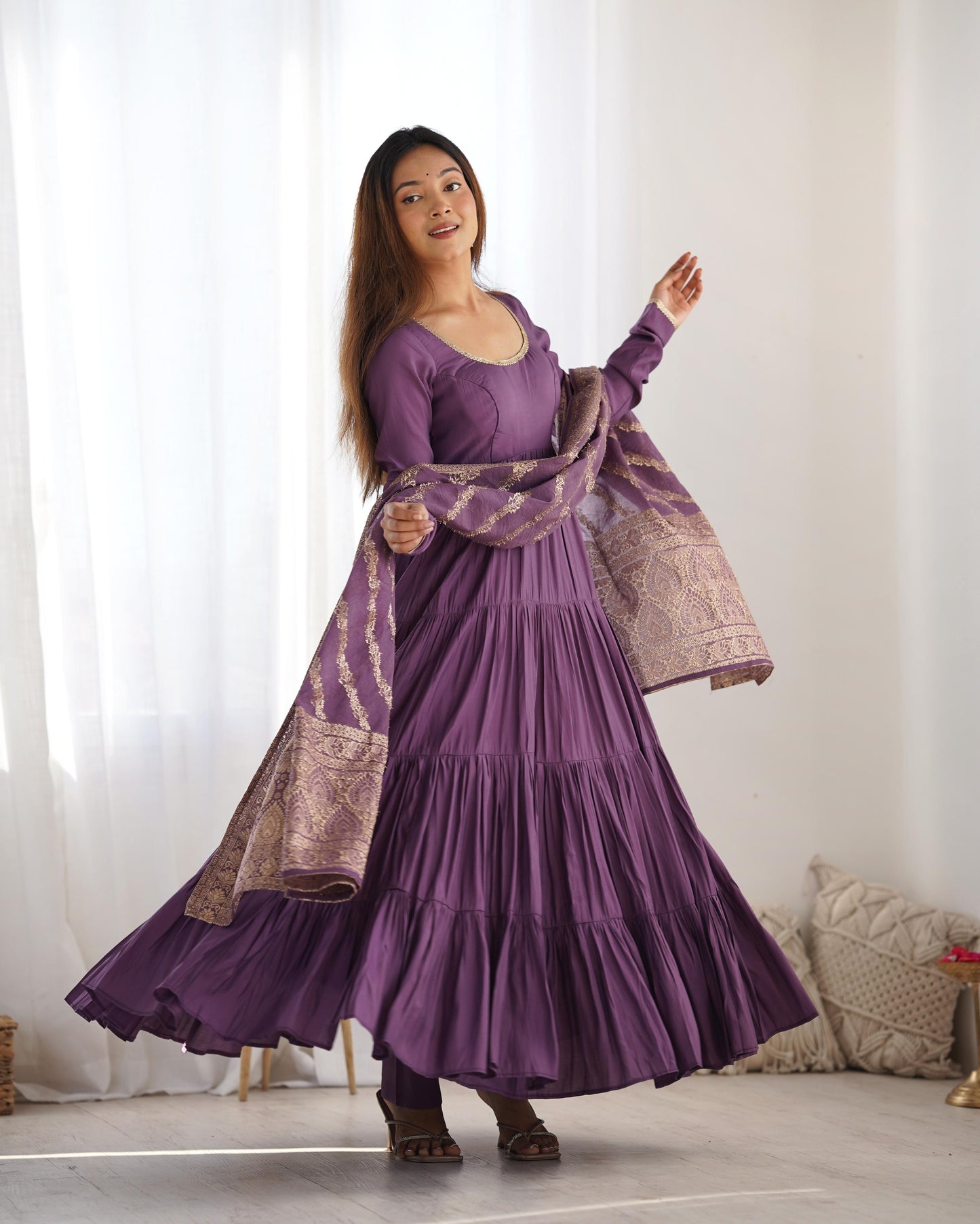 Mauve Purple Heavy Romansilk Chanderi With Yoke Lace 3pc Kurta Set