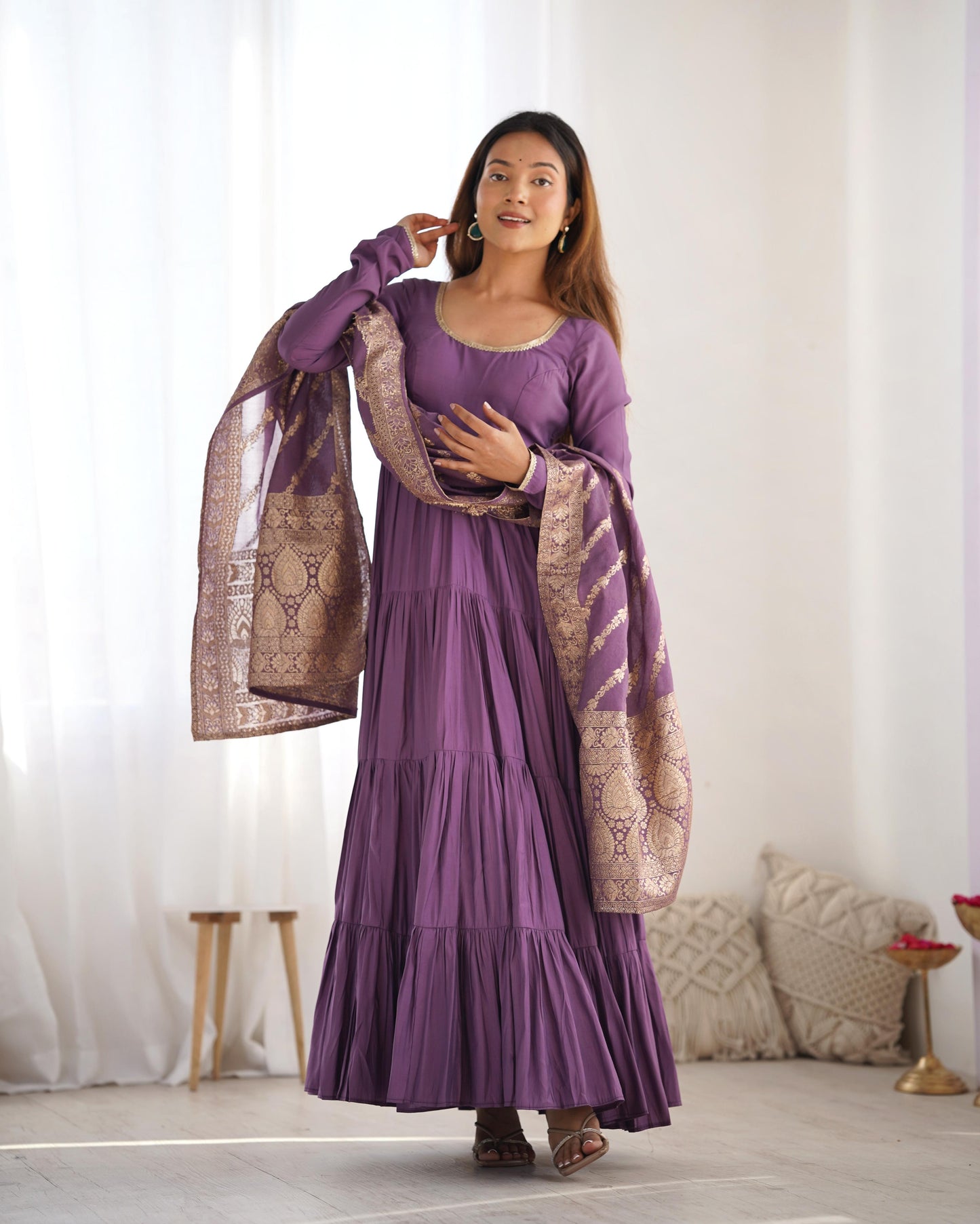 Mauve Purple Heavy Romansilk Chanderi With Yoke Lace 3pc Kurta Set