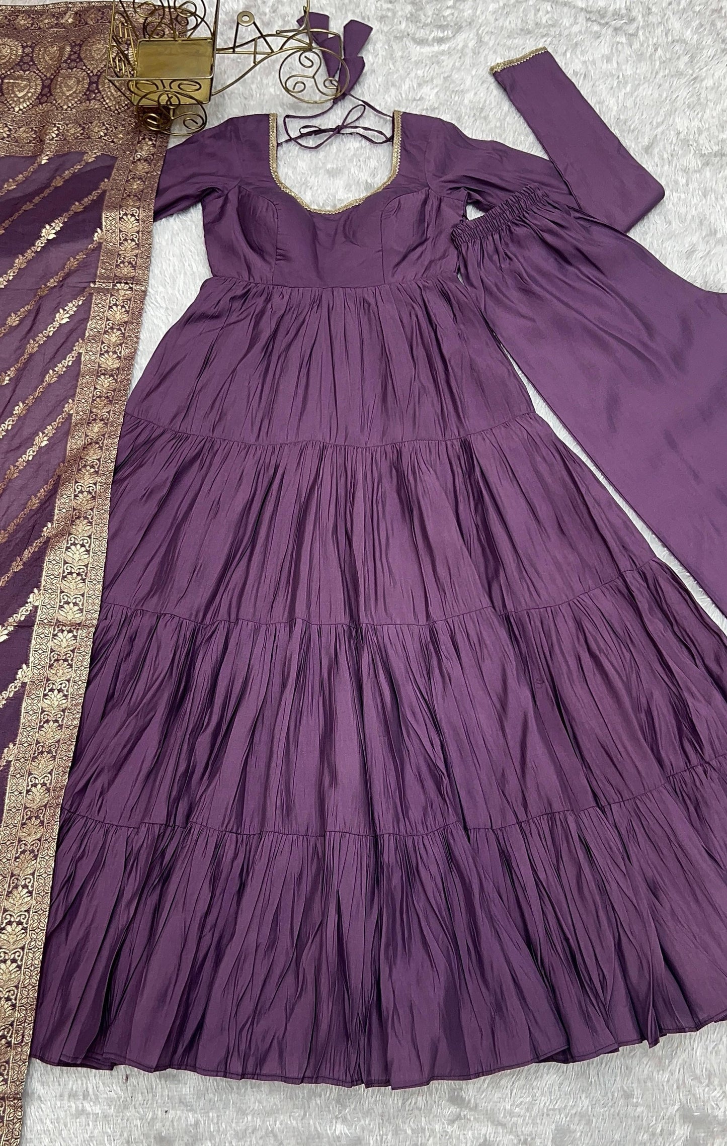 Mauve Purple Heavy Romansilk Chanderi With Yoke Lace 3pc Kurta Set