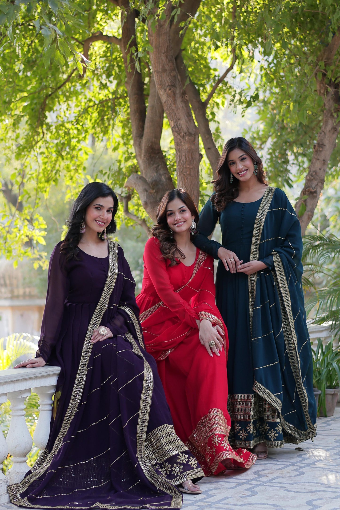 Rama Faux Blooming With Embroidery Sequins Work Gown With Dupatta