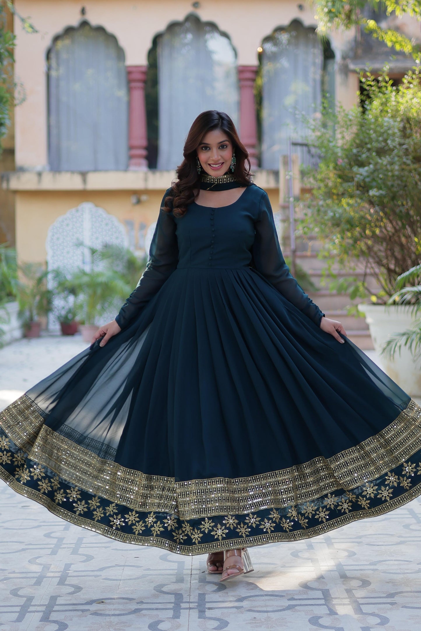 Rama Faux Blooming With Embroidery Sequins Work Gown With Dupatta