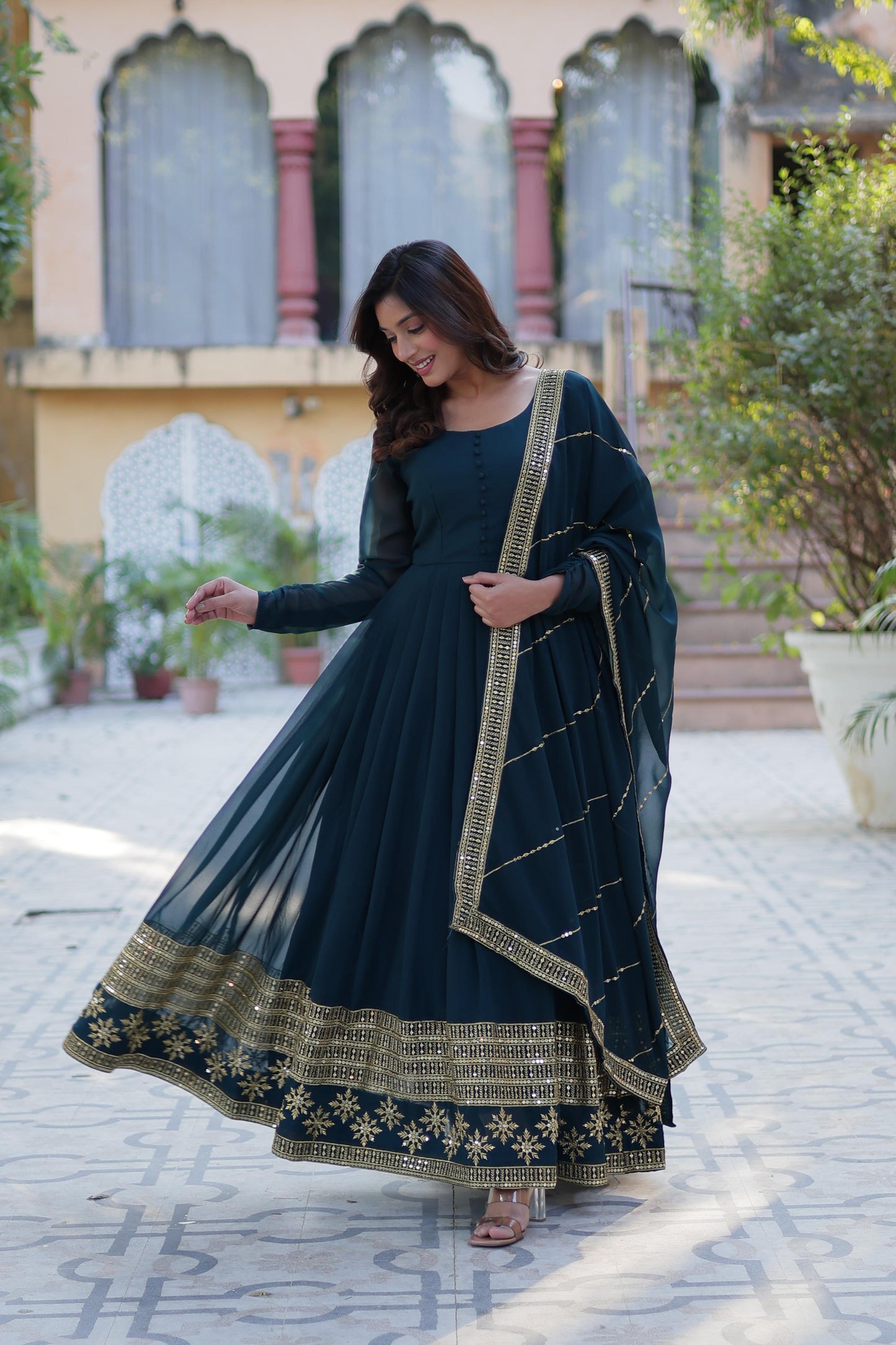Rama Faux Blooming With Embroidery Sequins Work Gown With Dupatta