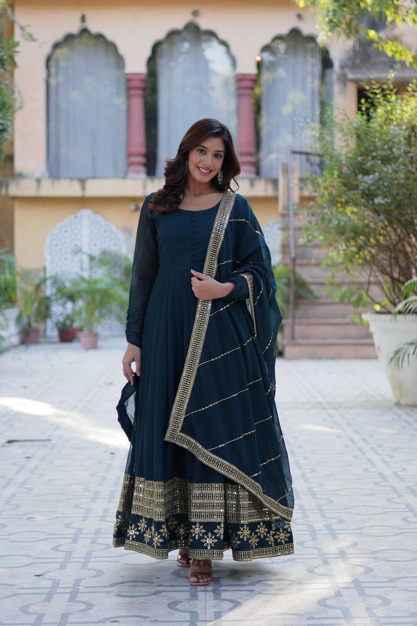 Rama Faux Blooming With Embroidery Sequins Work Gown With Dupatta