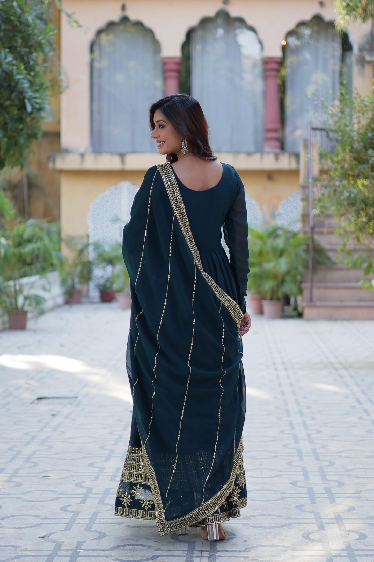 Rama Faux Blooming With Embroidery Sequins Work Gown With Dupatta