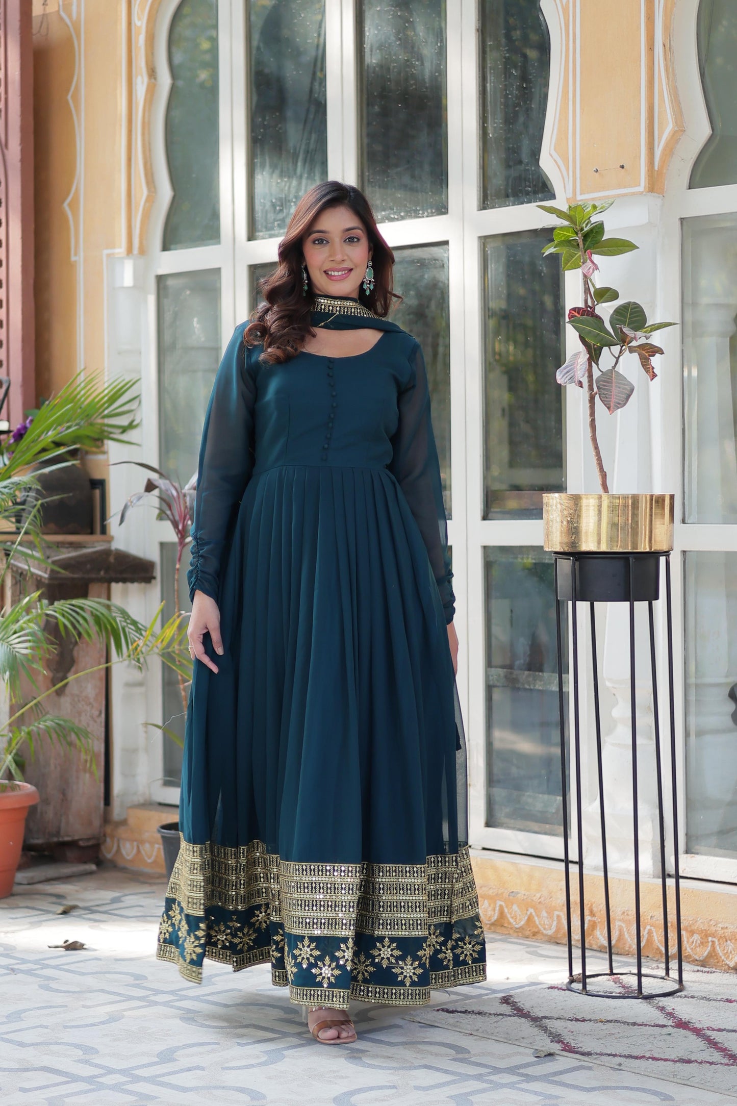 Rama Faux Blooming With Embroidery Sequins Work Gown With Dupatta