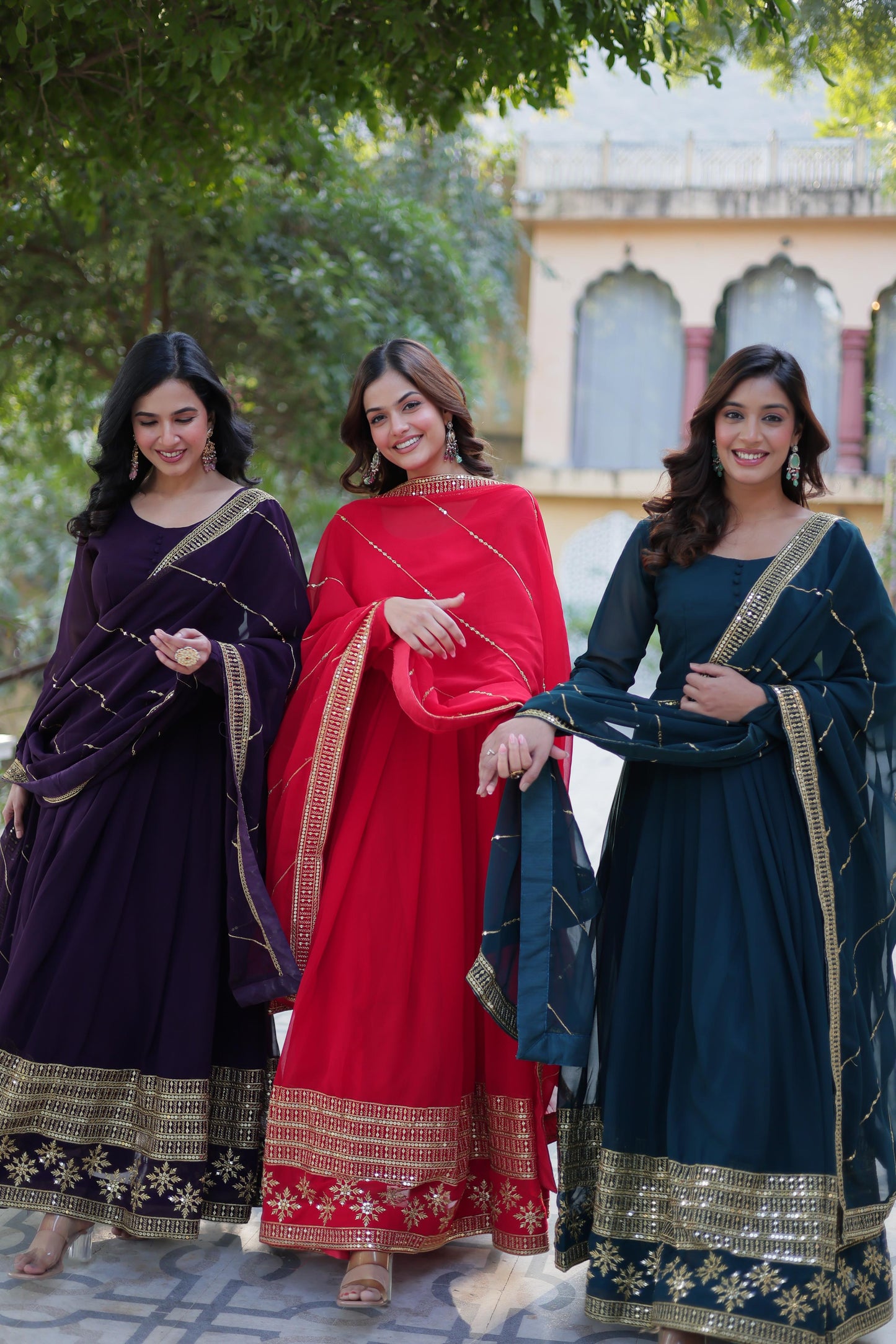 Rama Faux Blooming With Embroidery Sequins Work Gown With Dupatta