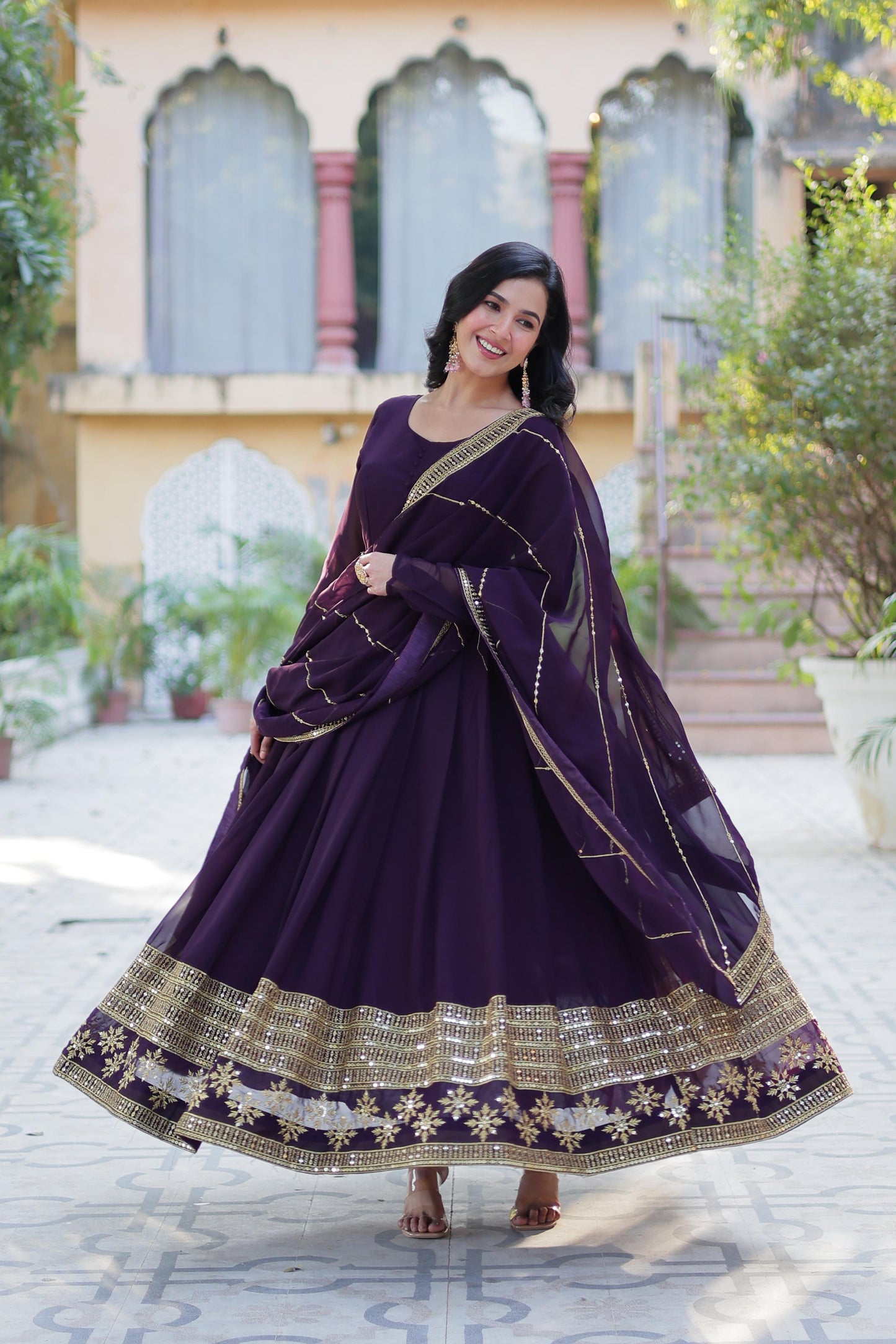 Rama Faux Blooming With Embroidery Sequins Work Gown With Dupatta