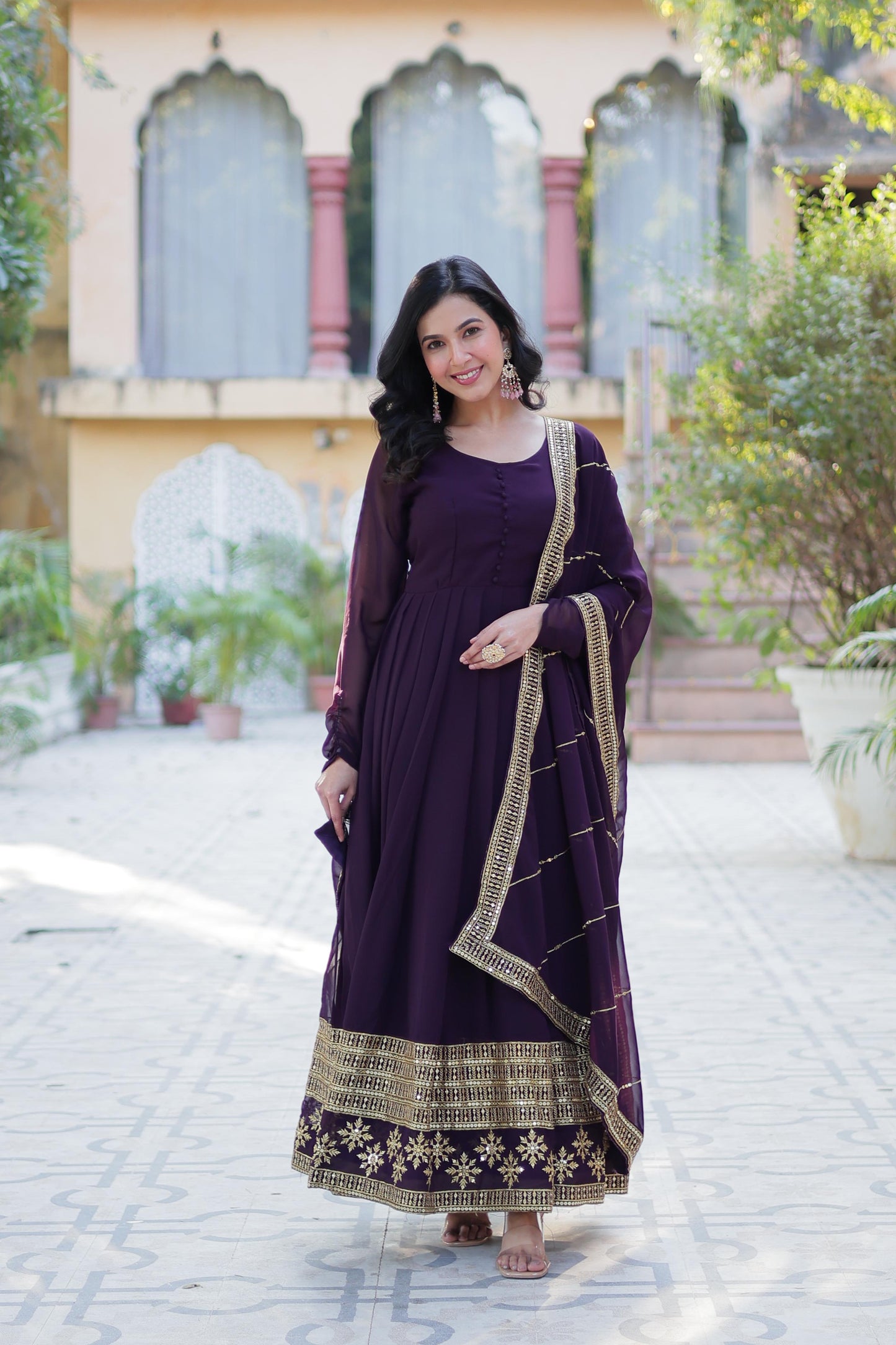 Rama Faux Blooming With Embroidery Sequins Work Gown With Dupatta