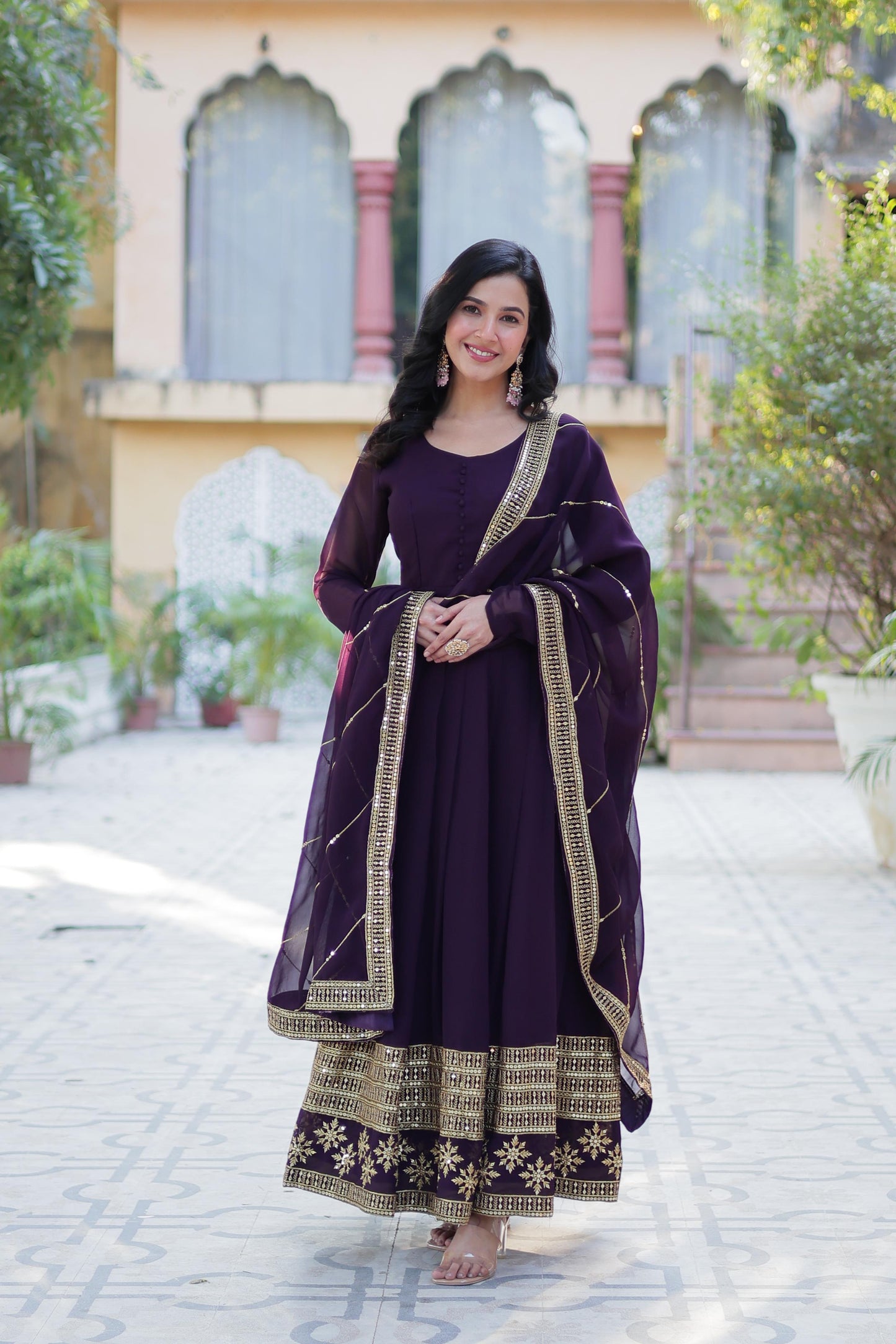 Rama Faux Blooming With Embroidery Sequins Work Gown With Dupatta
