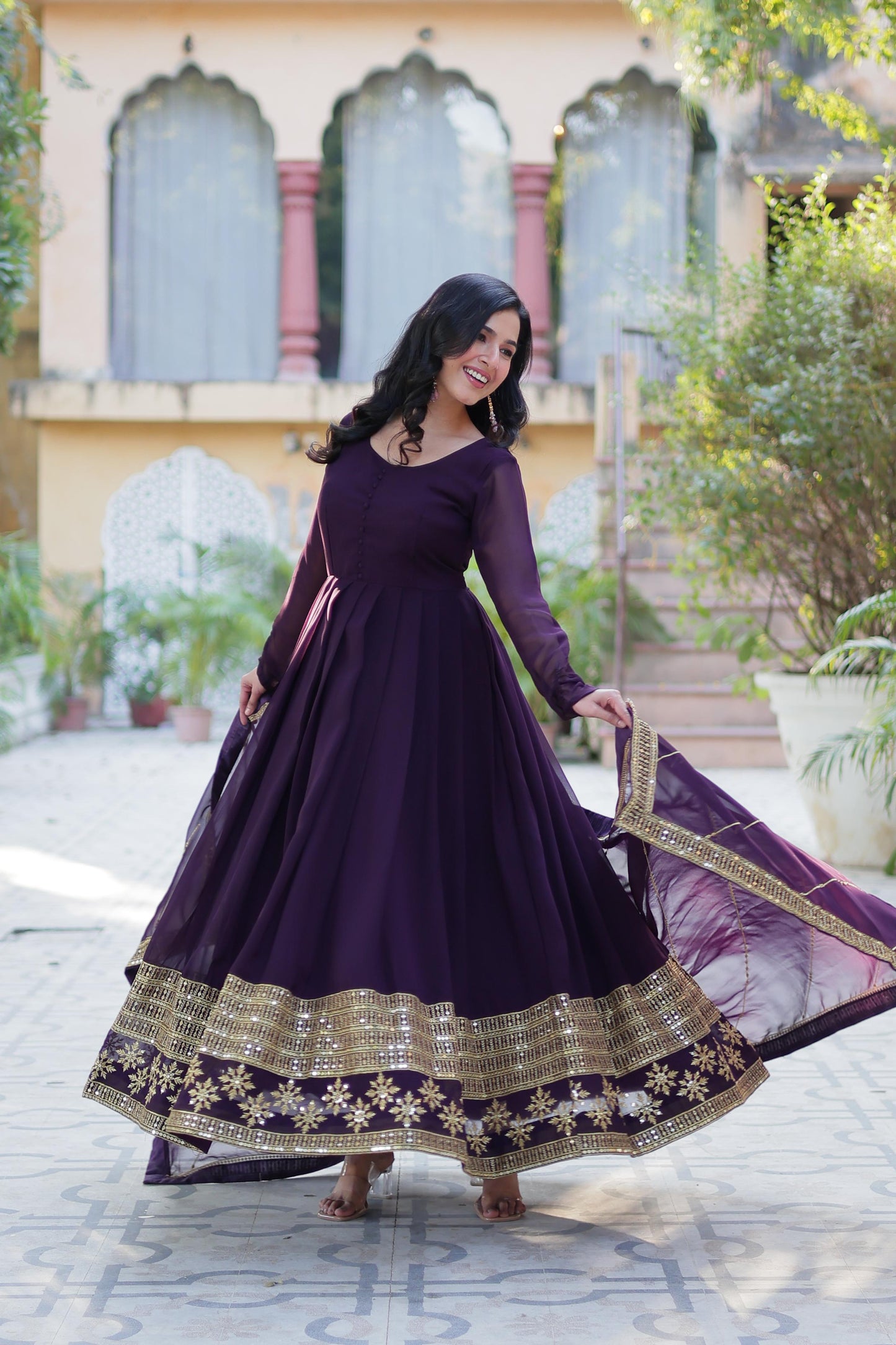 Rama Faux Blooming With Embroidery Sequins Work Gown With Dupatta
