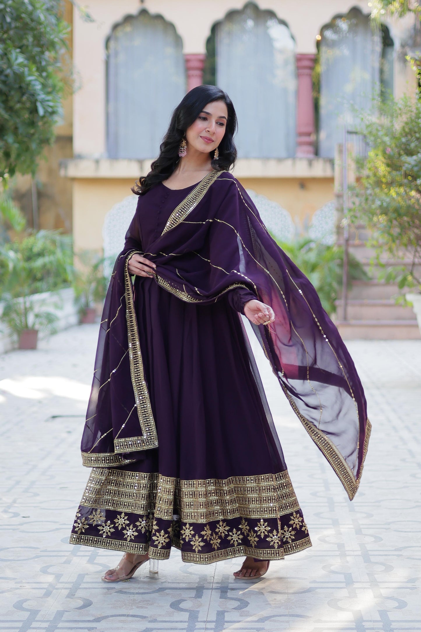 Rama Faux Blooming With Embroidery Sequins Work Gown With Dupatta