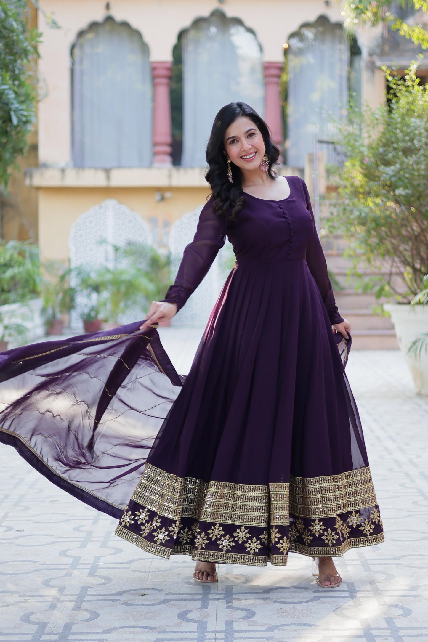 Rama Faux Blooming With Embroidery Sequins Work Gown With Dupatta
