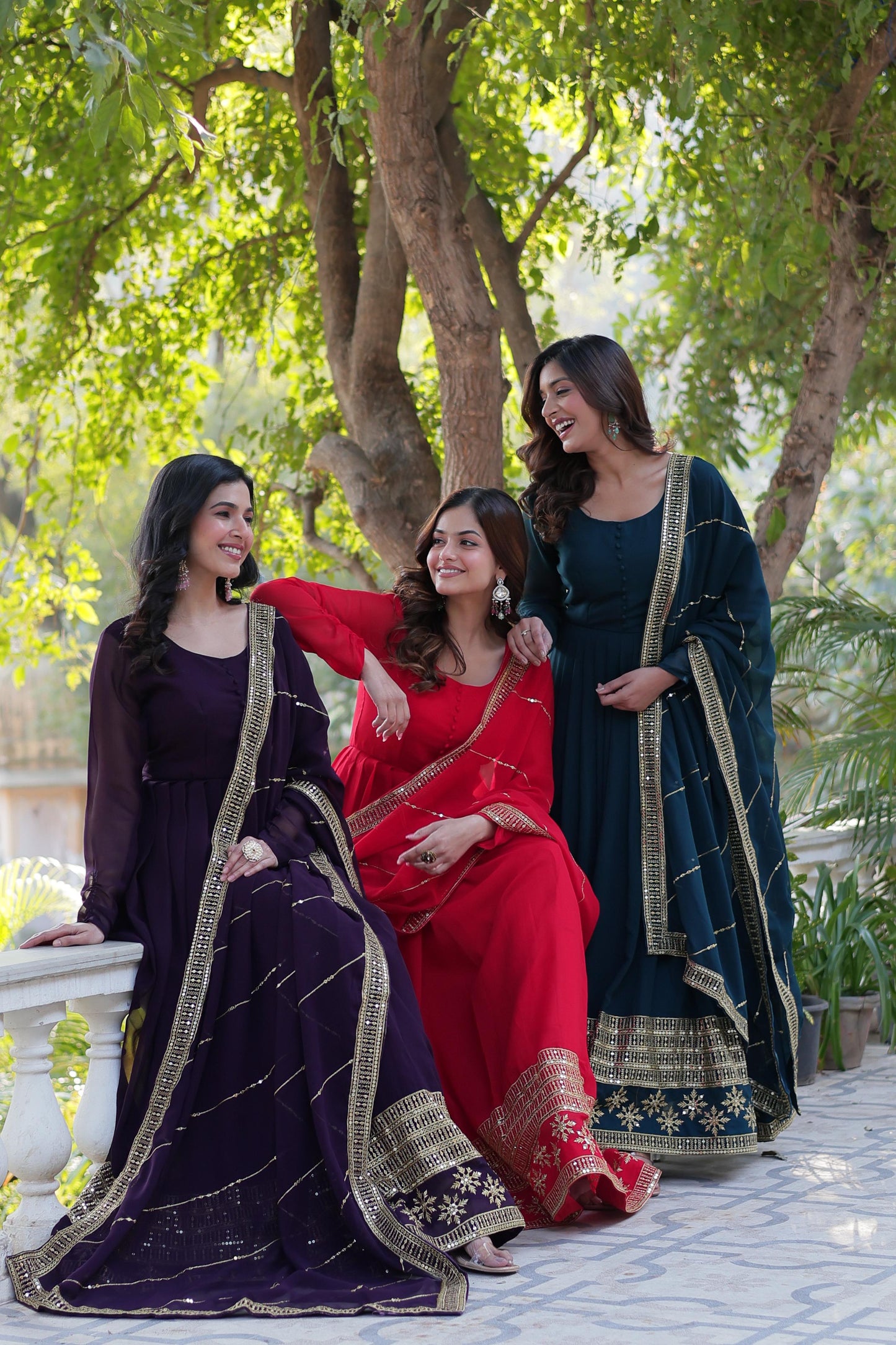 Rama Faux Blooming With Embroidery Sequins Work Gown With Dupatta