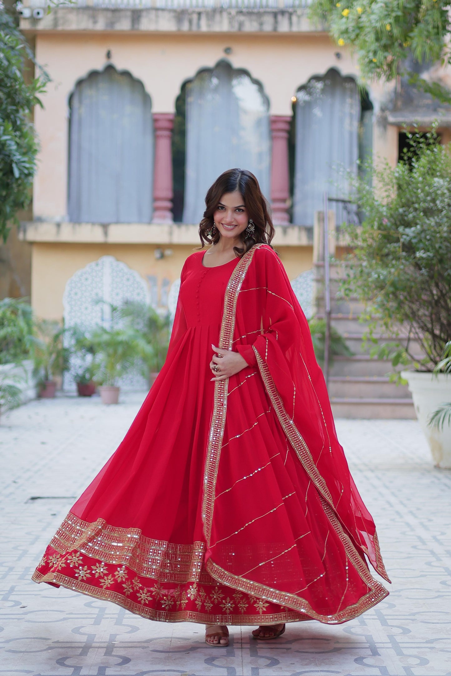 Rama Faux Blooming With Embroidery Sequins Work Gown With Dupatta