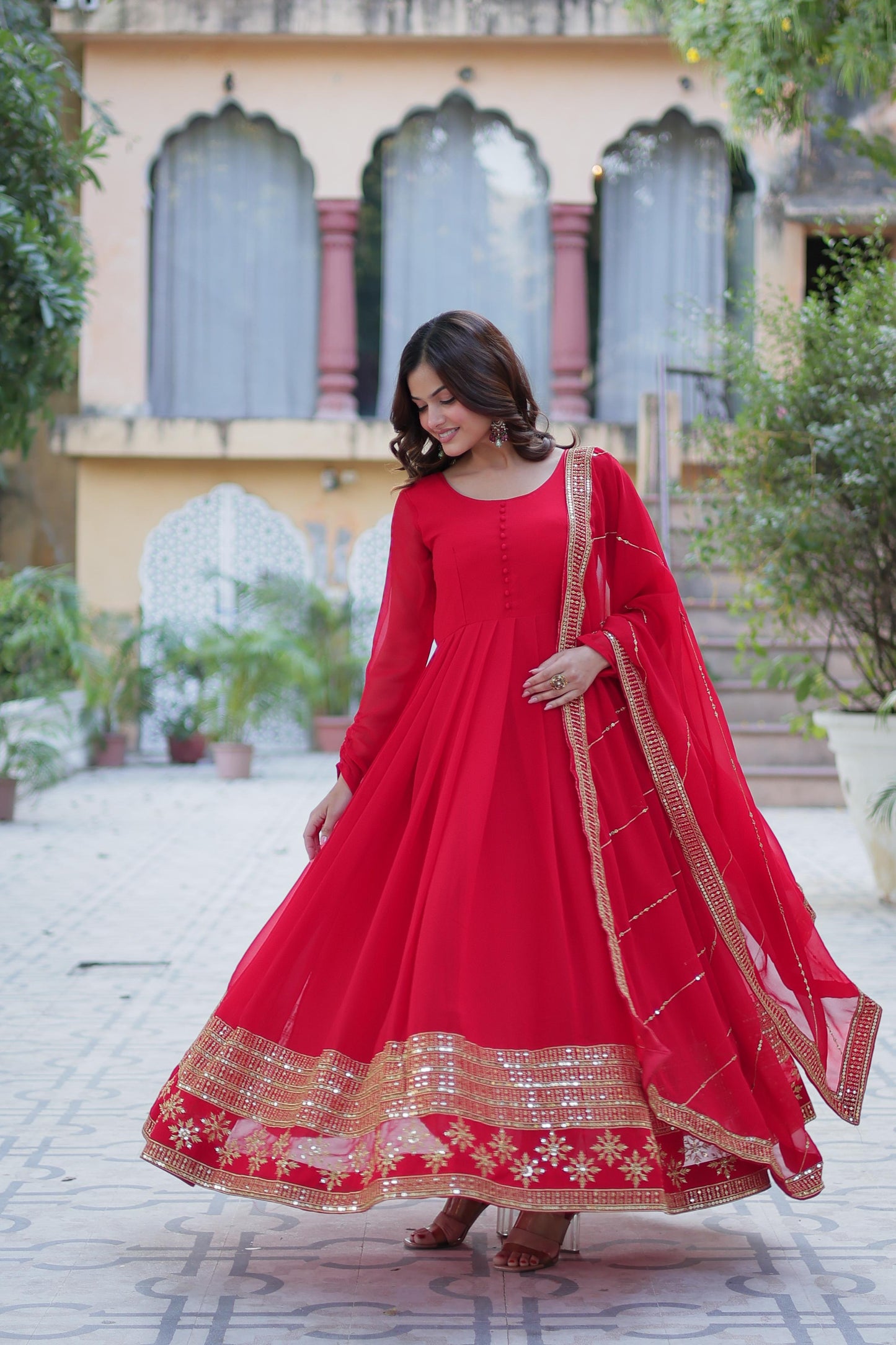 Rama Faux Blooming With Embroidery Sequins Work Gown With Dupatta