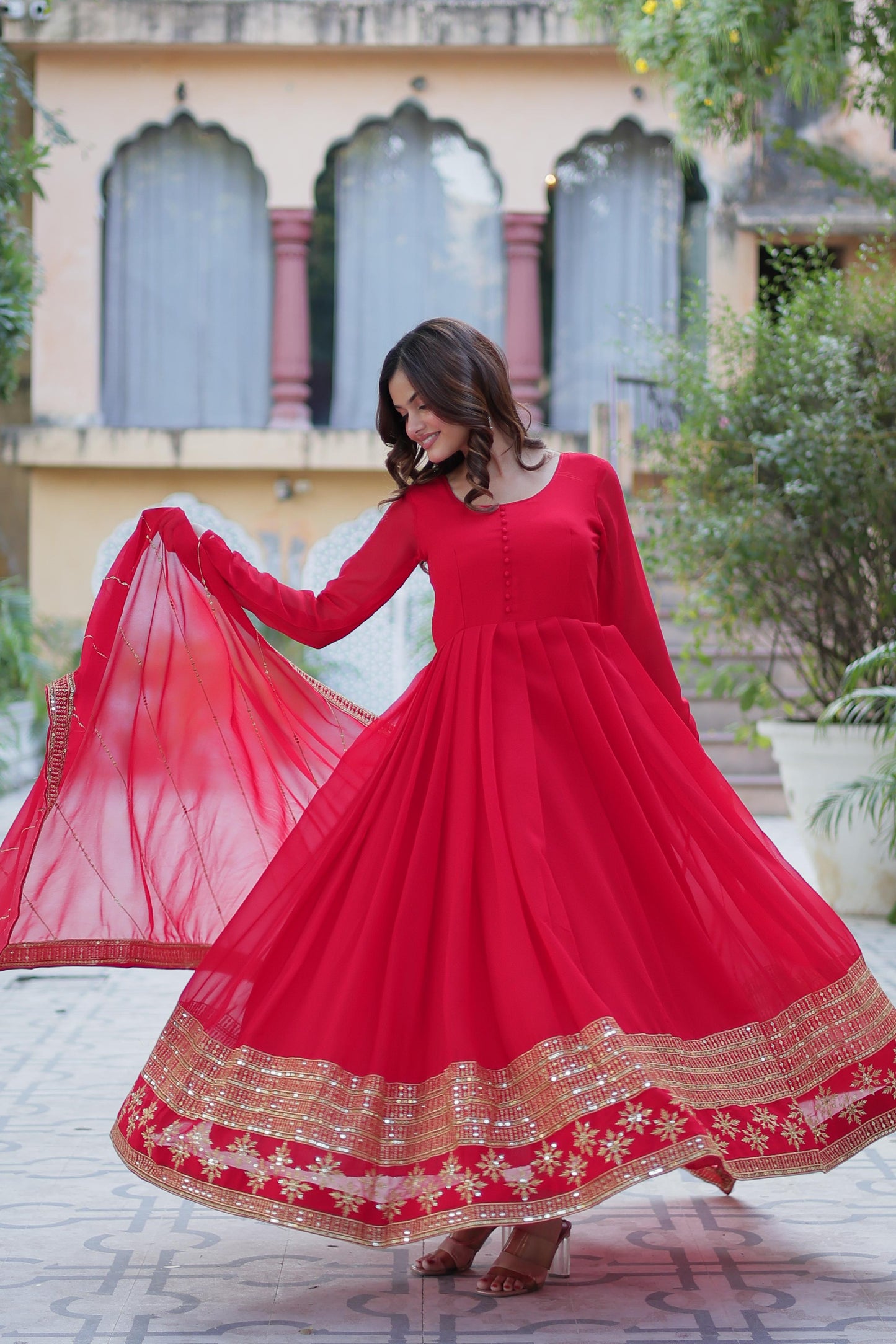 Rama Faux Blooming With Embroidery Sequins Work Gown With Dupatta