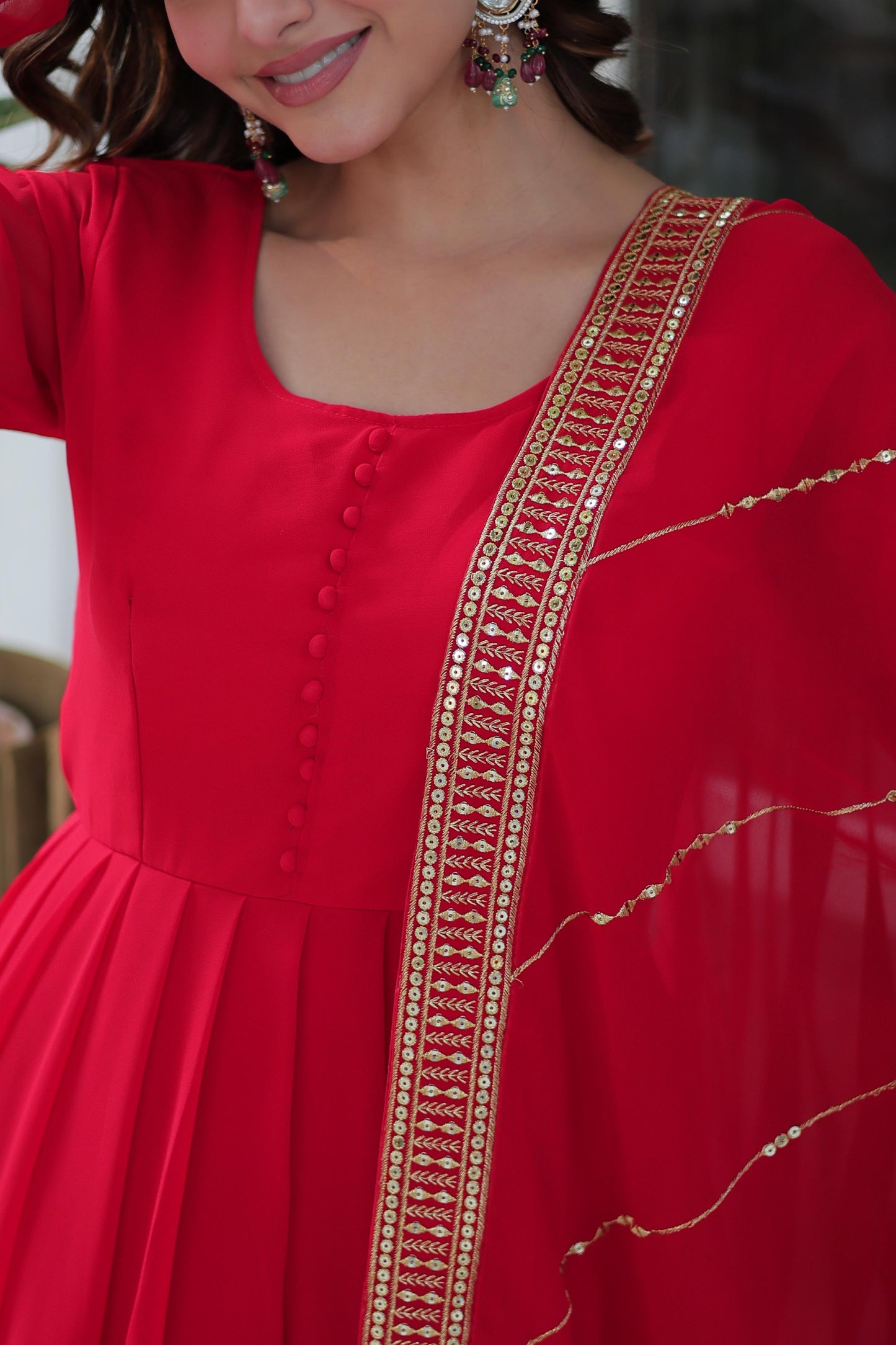 Rama Faux Blooming With Embroidery Sequins Work Gown With Dupatta