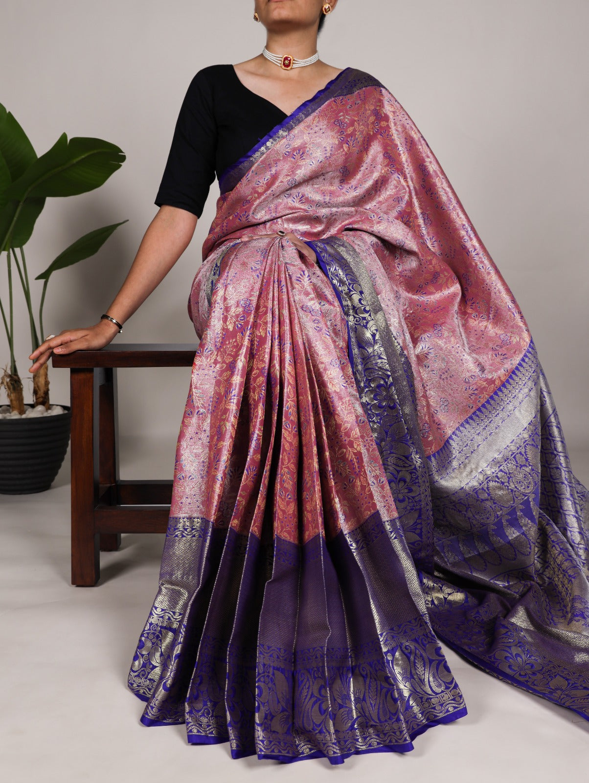 Peach Jacquard Silk With Zari Work Saree