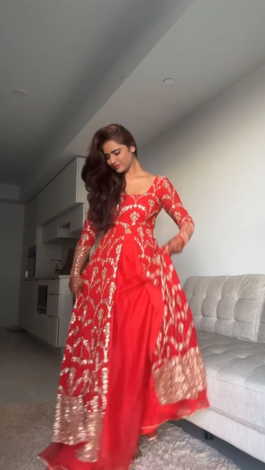 Red Faux Georgette With Thread Sequin Work 3pc Kurta Set