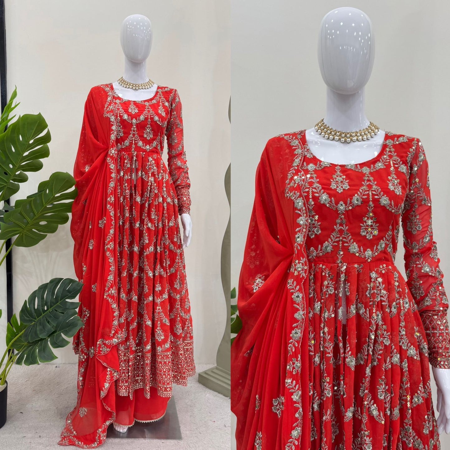 Red Faux Georgette With Thread Sequin Work 3pc Kurta Set
