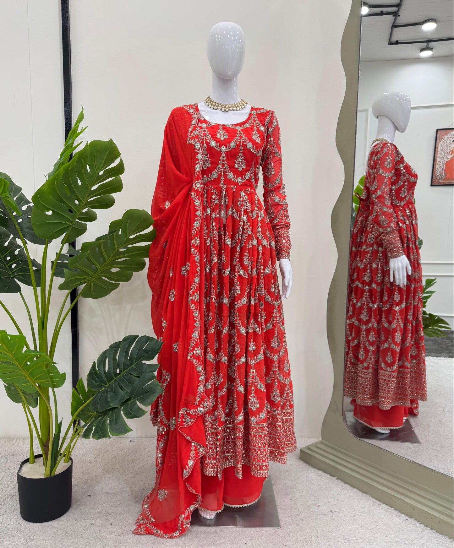 Red Faux Georgette With Thread Sequin Work 3pc Kurta Set