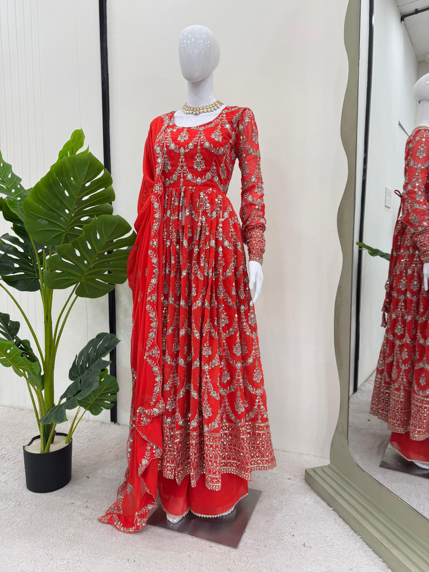 Red Faux Georgette With Thread Sequin Work 3pc Kurta Set