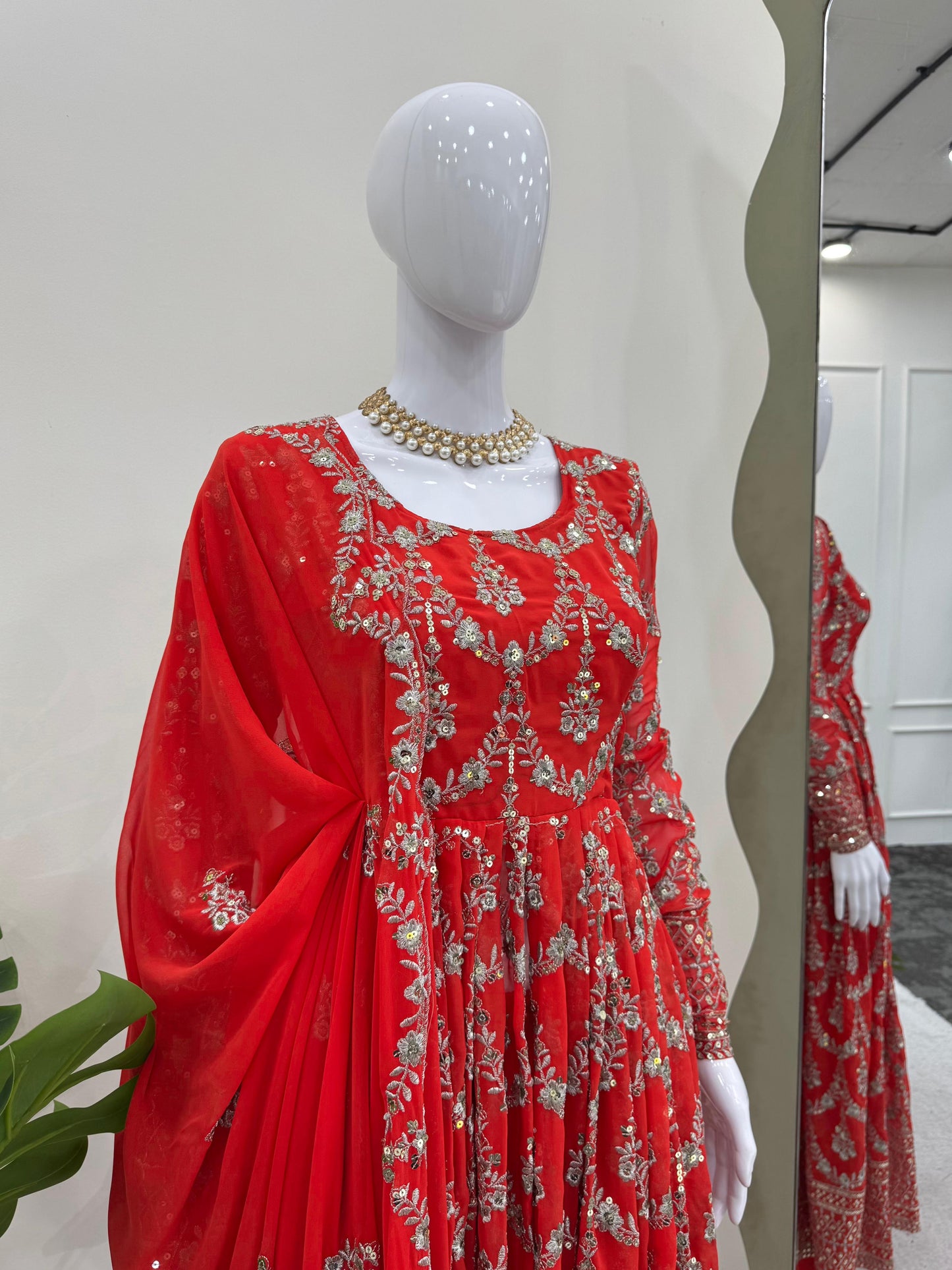 Red Faux Georgette With Thread Sequin Work 3pc Kurta Set