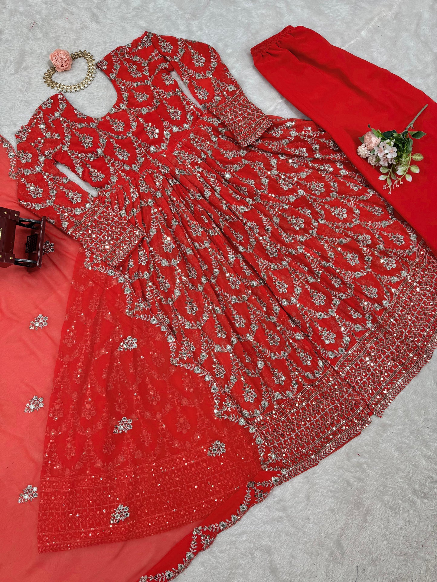 Red Faux Georgette With Thread Sequin Work 3pc Kurta Set